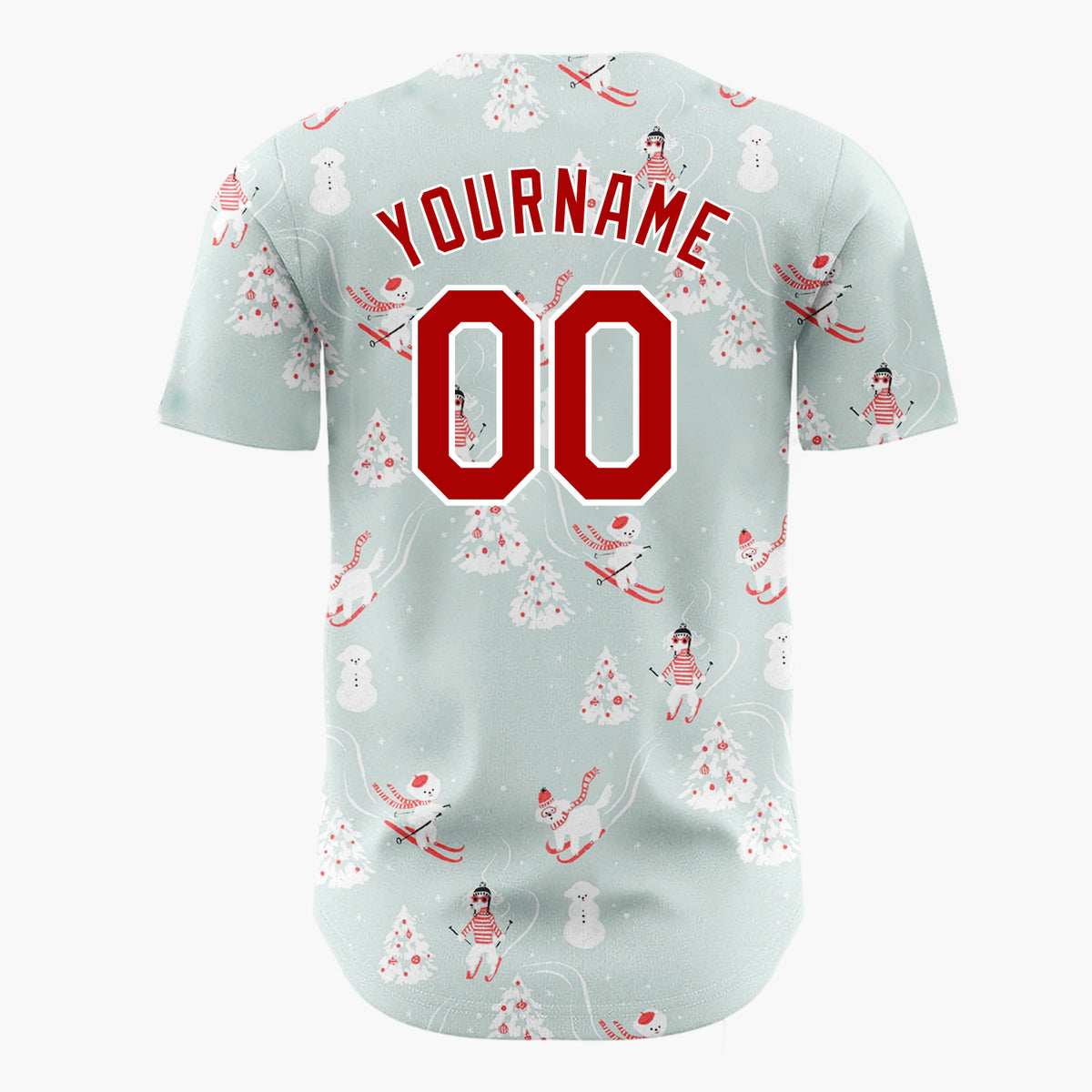 Custom Light Blue Skiing Polar Bears And People Cute Winter Scene Pattern Christmas Baseball Jersey
