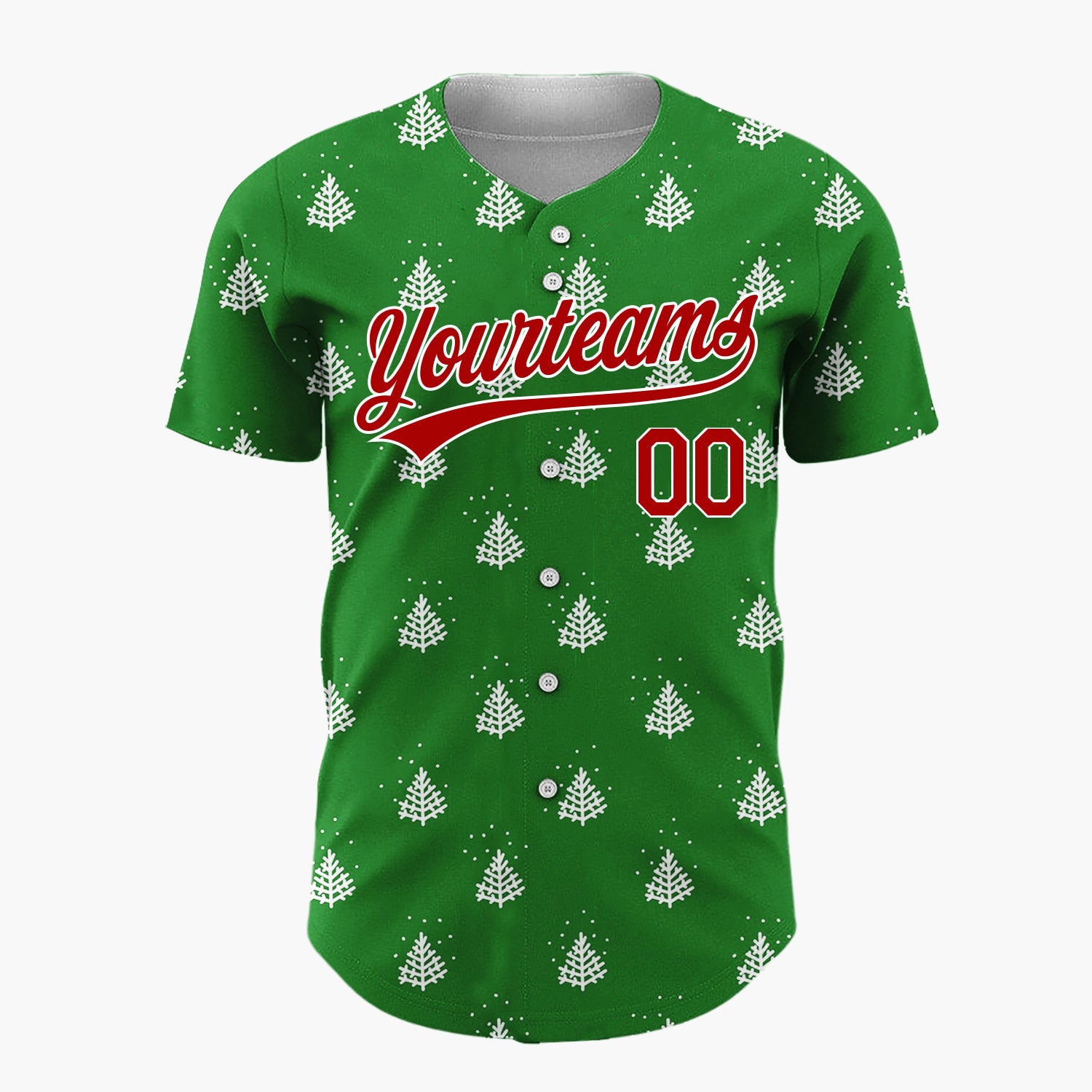 Custom Green White Stylized Pine Trees And Snow Simple Pattern Christmas Baseball Jersey