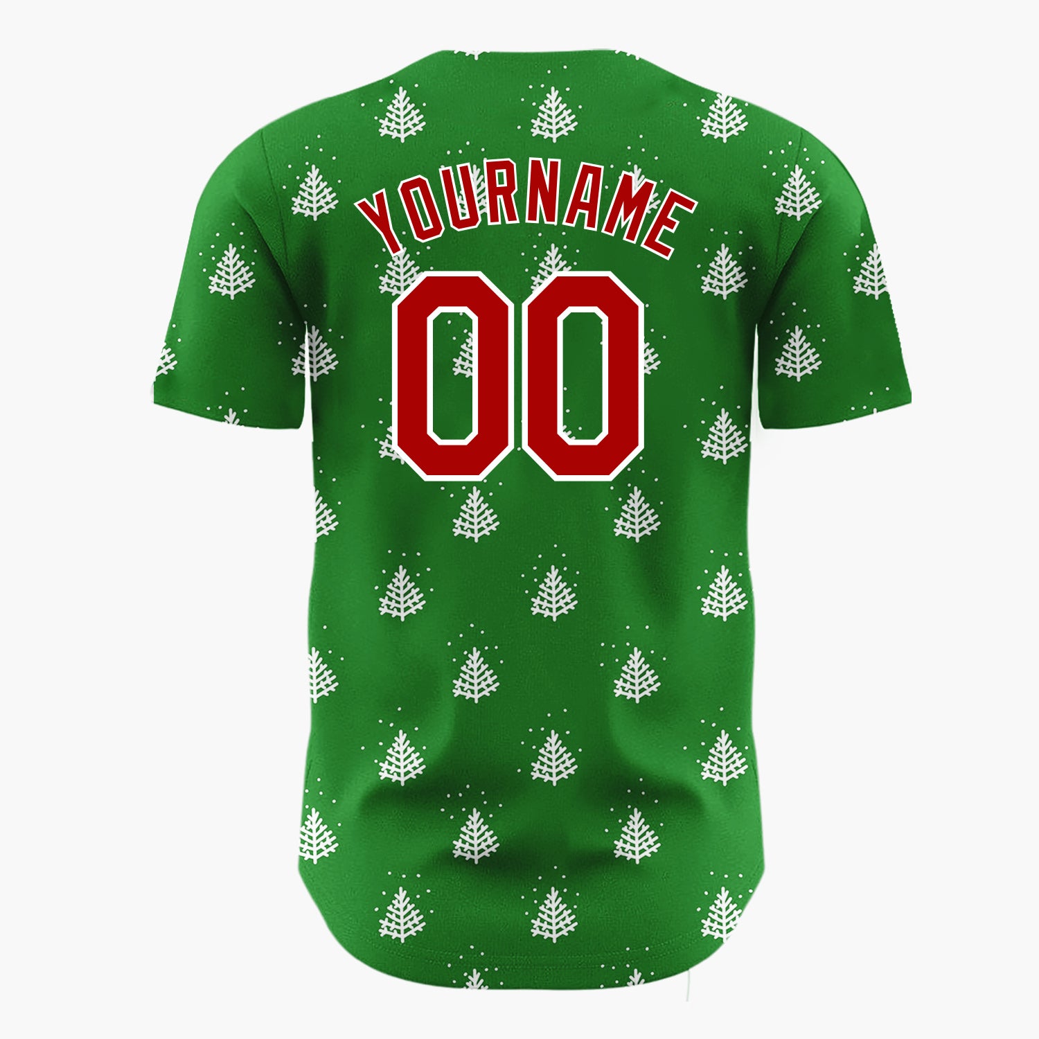 Custom Green White Stylized Pine Trees And Snow Simple Pattern Christmas Baseball Jersey