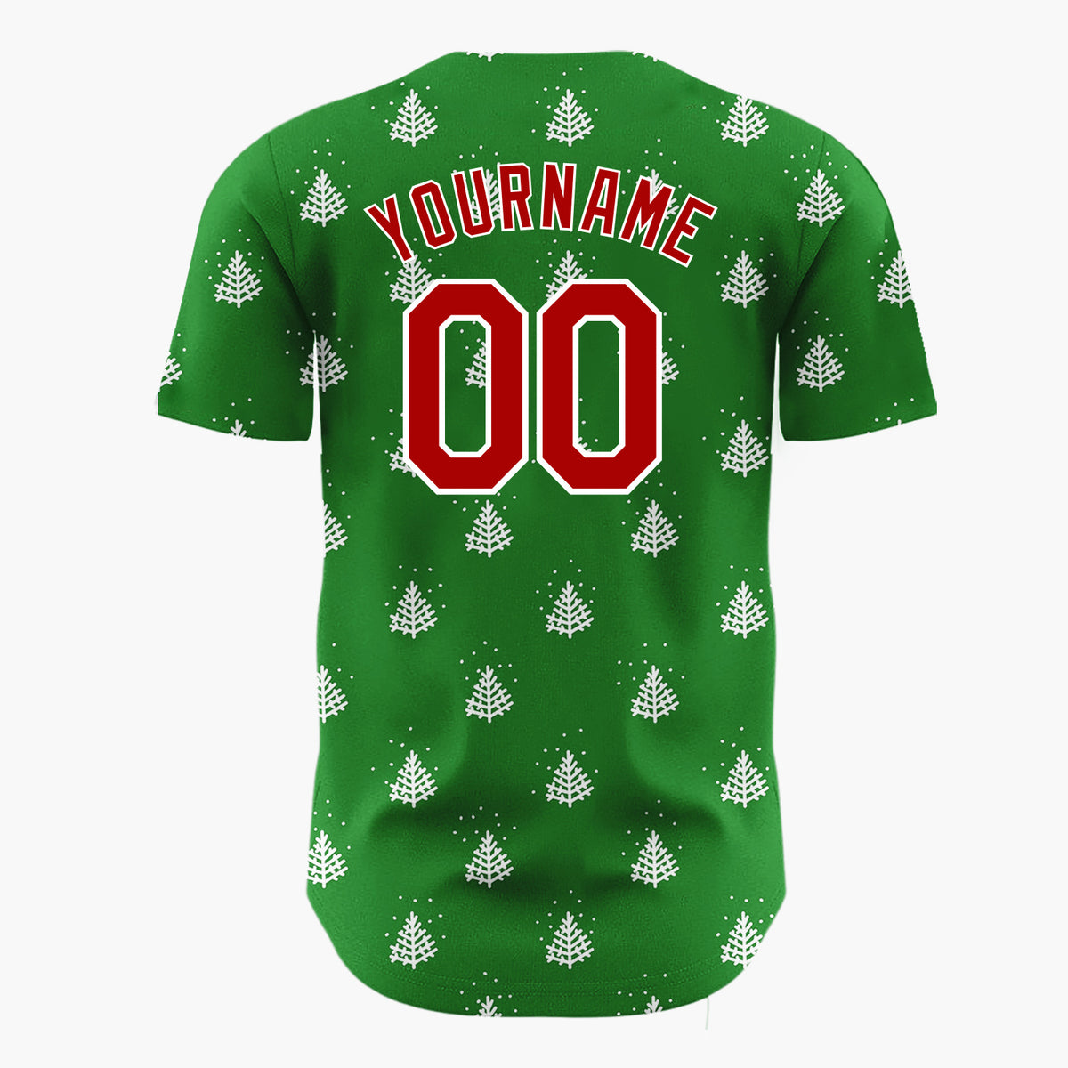 Custom Green White Stylized Pine Trees And Snow Simple Pattern Christmas Baseball Jersey