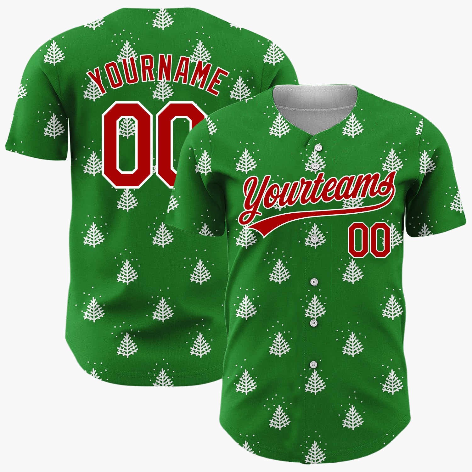 Custom Green White Stylized Pine Trees And Snow Simple Pattern Christmas Baseball Jersey