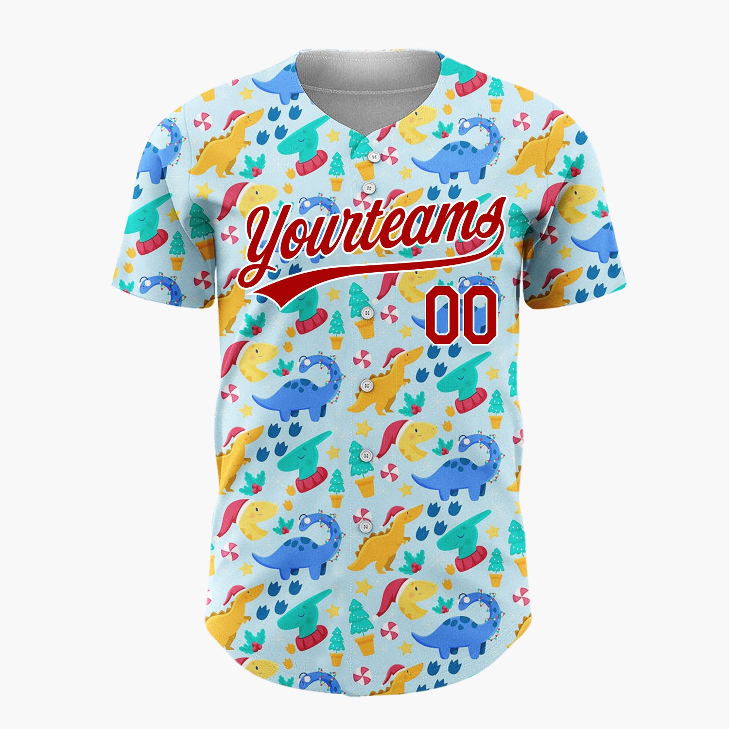 Custom Light Blue Festive Dinosaur Christmas Cute Pattern Christmas Baseball Jersey
