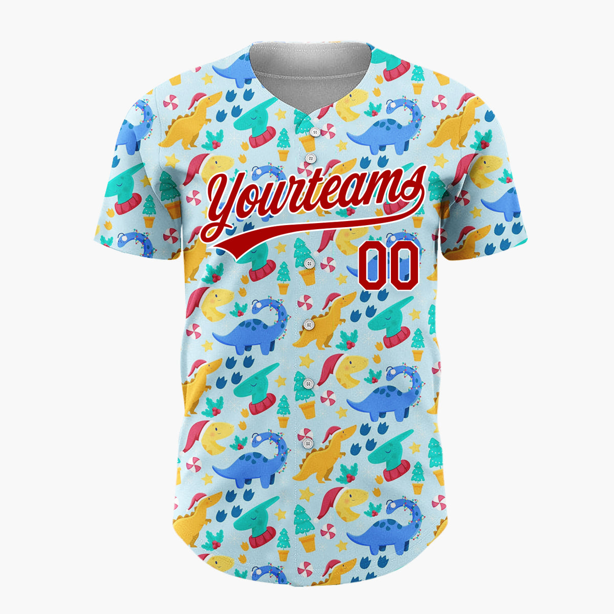 Custom Light Blue Festive Dinosaur Christmas Cute Pattern Christmas Baseball Jersey