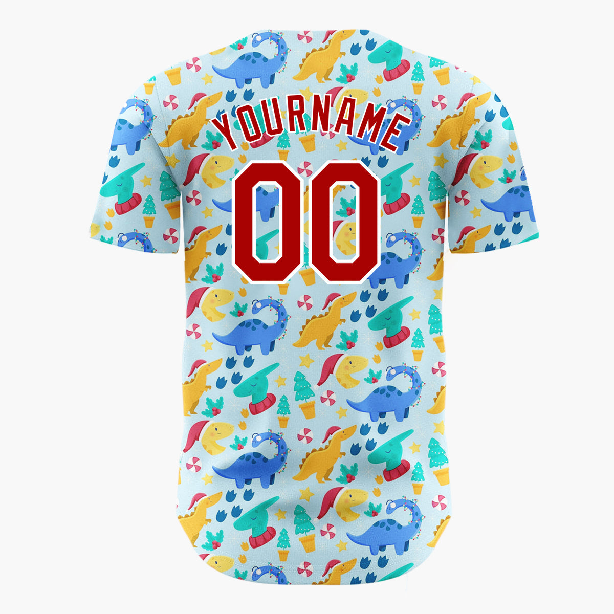 Custom Light Blue Festive Dinosaur Christmas Cute Pattern Christmas Baseball Jersey