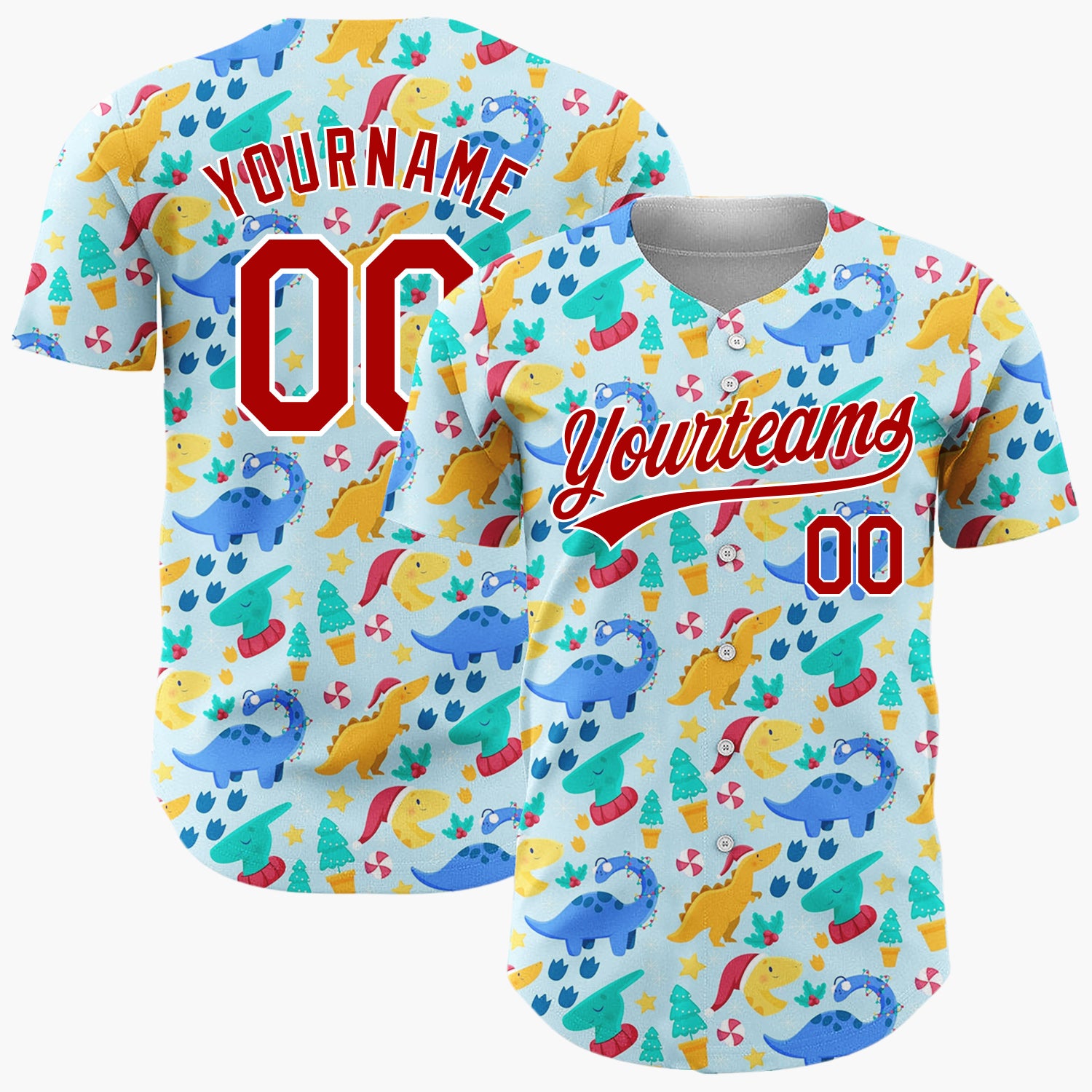 Custom Light Blue Festive Dinosaur Christmas Cute Pattern Christmas Baseball Jersey