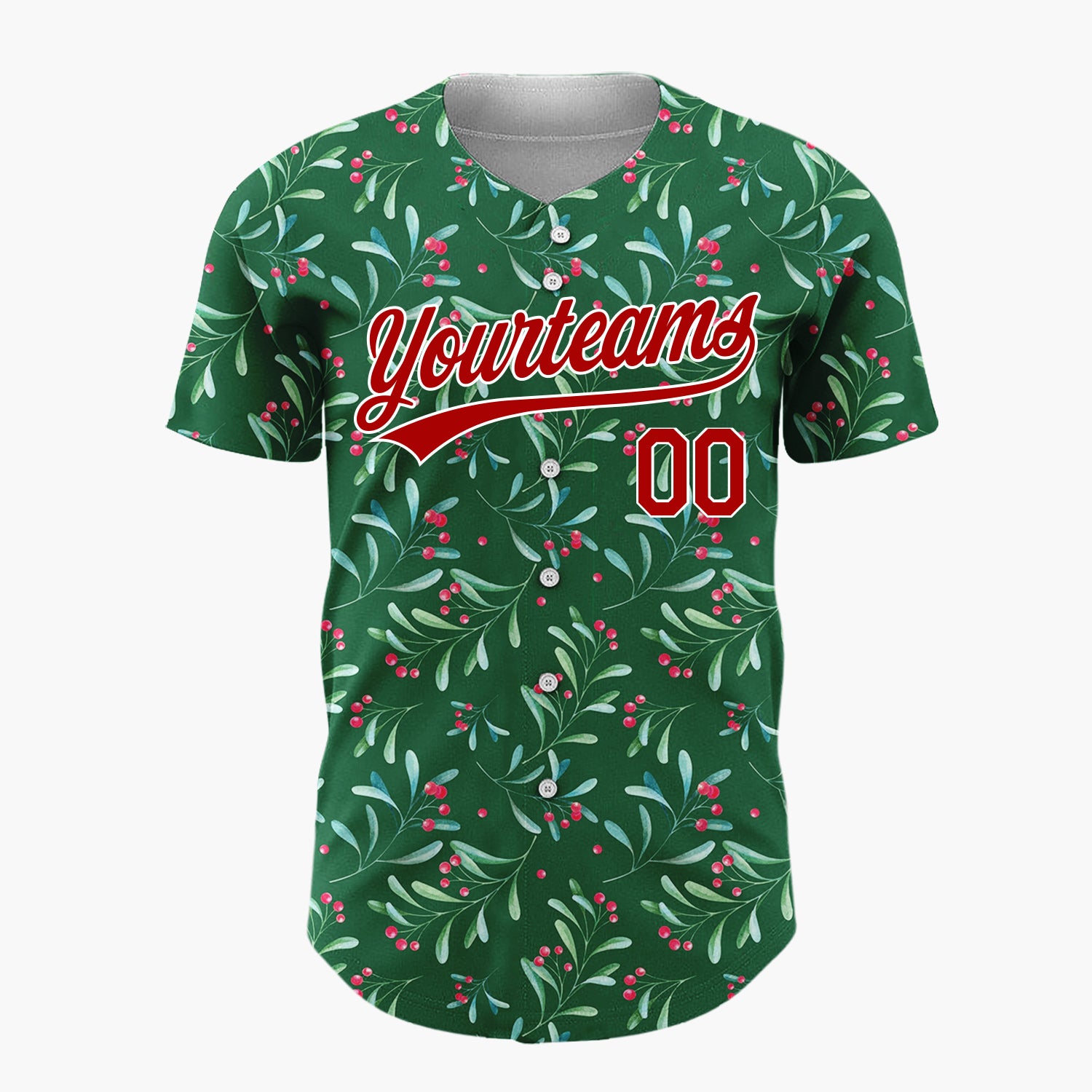 Custom Forest Green Berries And Leaves Watercolor Festive Pattern Christmas Baseball Jersey
