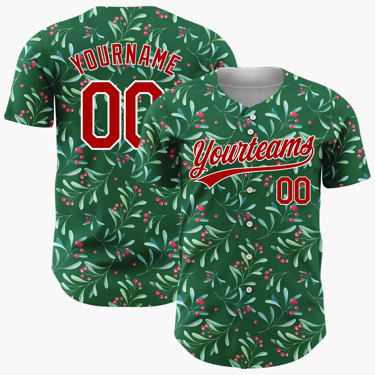 Custom Forest Green Berries And Leaves Watercolor Festive Pattern Christmas Baseball Jersey