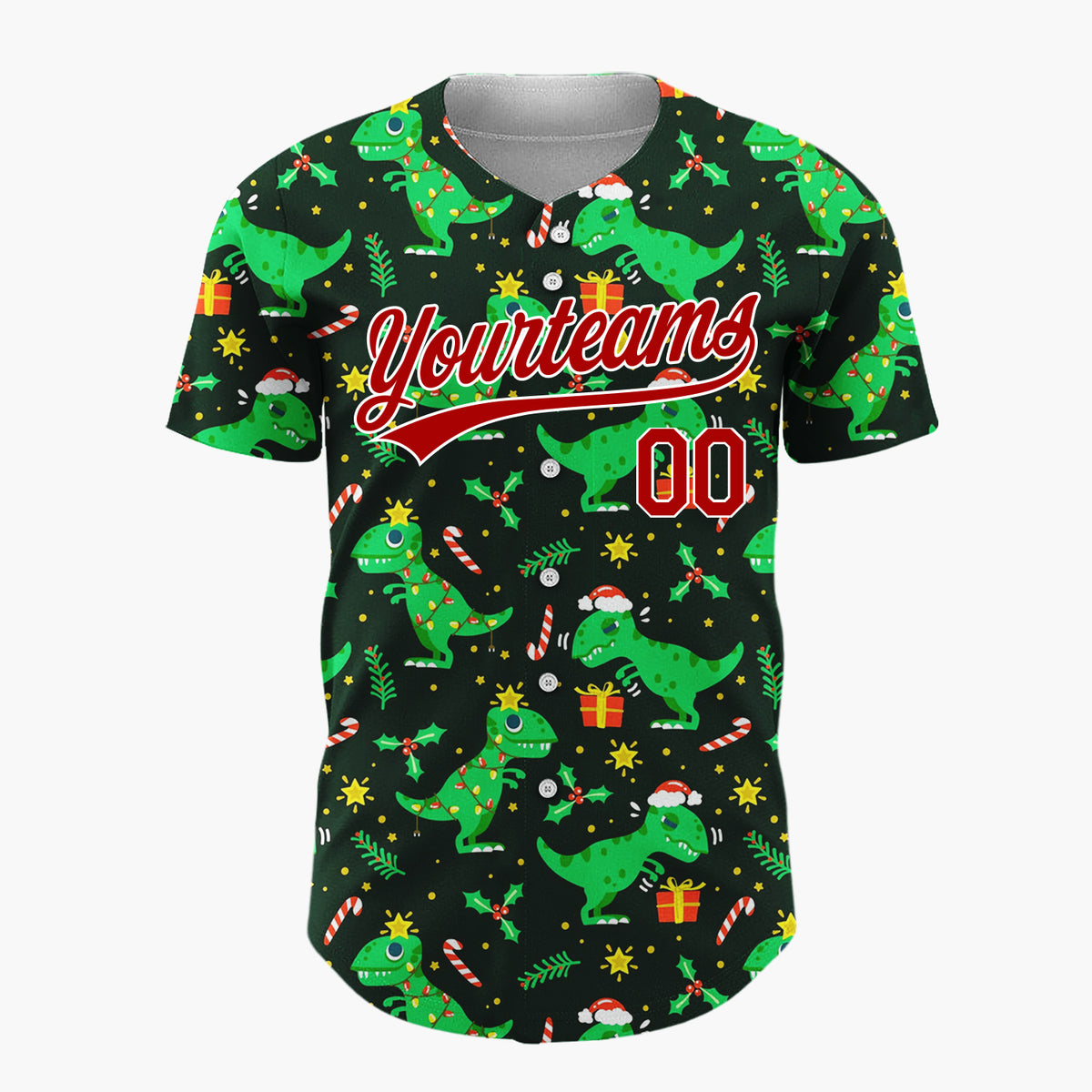 Custom Dark Green T Rex Dinosaurs Gifts And Candy Canes Funny Christmas Baseball Jersey