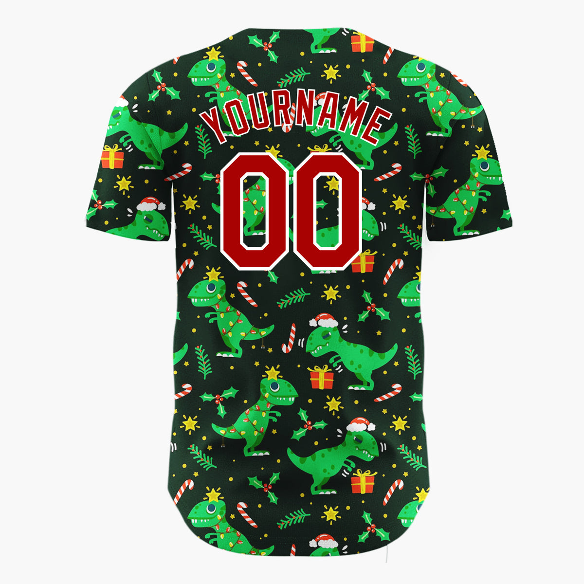 Custom Dark Green T Rex Dinosaurs Gifts And Candy Canes Funny Christmas Baseball Jersey
