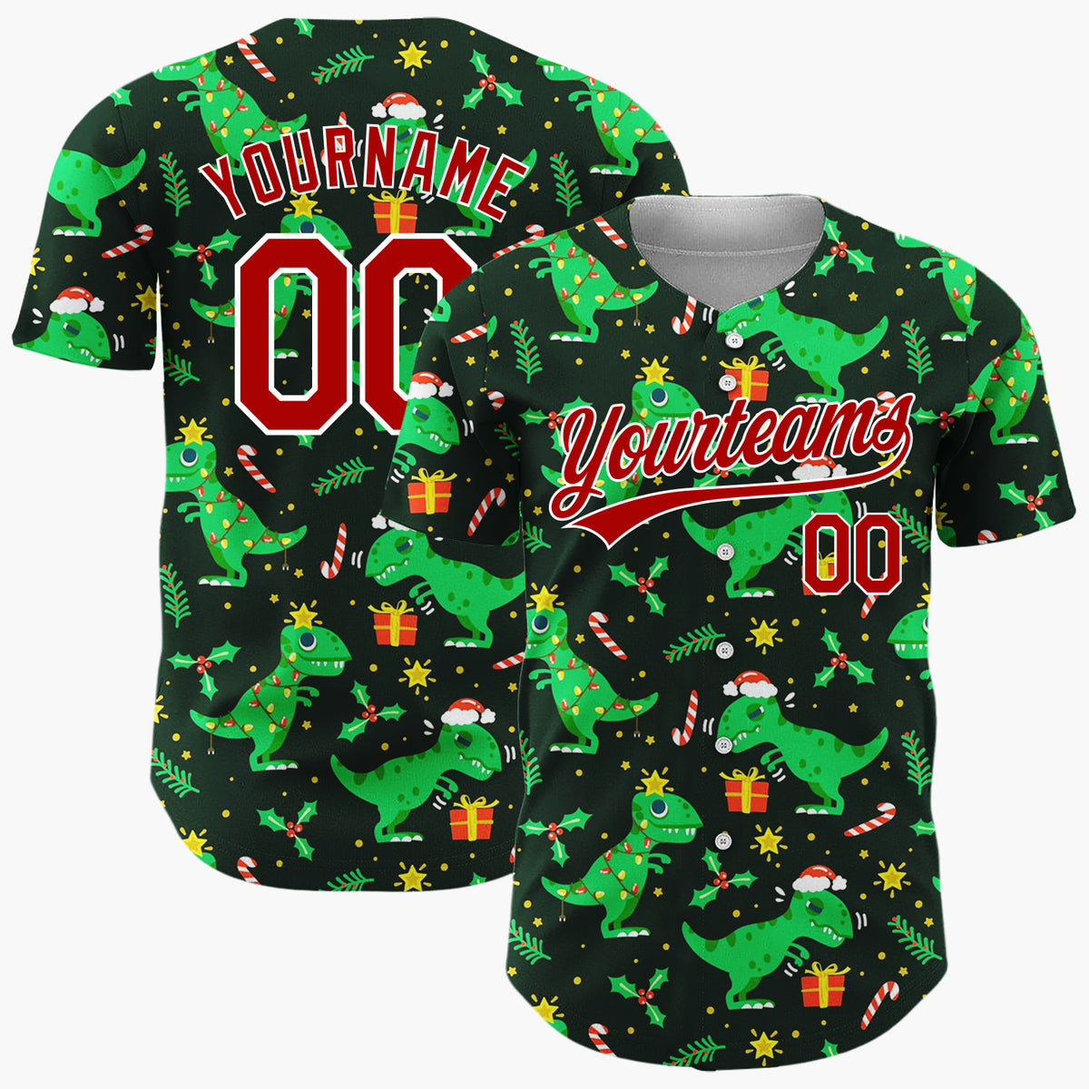 Custom Dark Green T Rex Dinosaurs Gifts And Candy Canes Funny Christmas Baseball Jersey