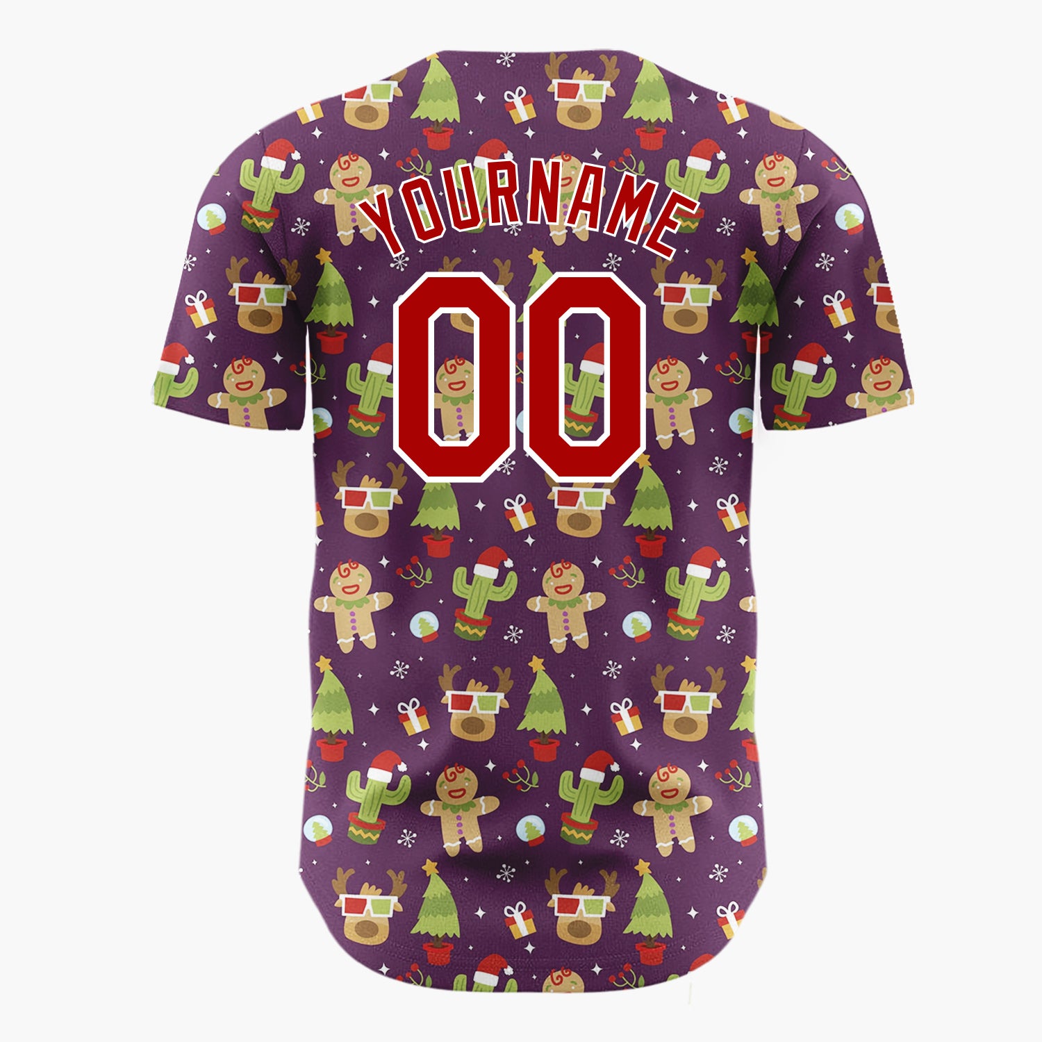 Custom Dark Purple Green Red Quirky Gingerbread And Cactus Christmas Baseball Jersey