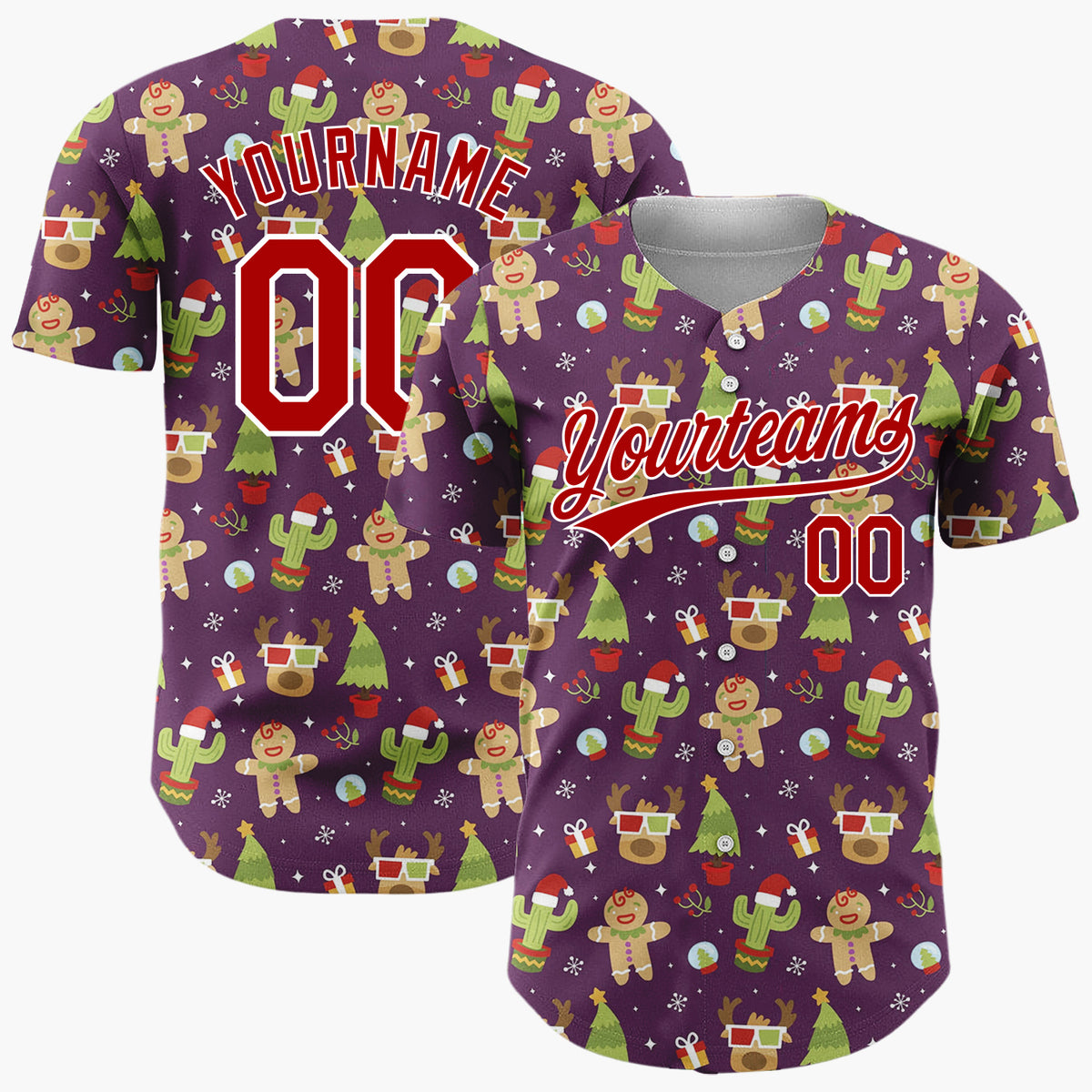 Custom Dark Purple Green Red Quirky Gingerbread And Cactus Christmas Baseball Jersey