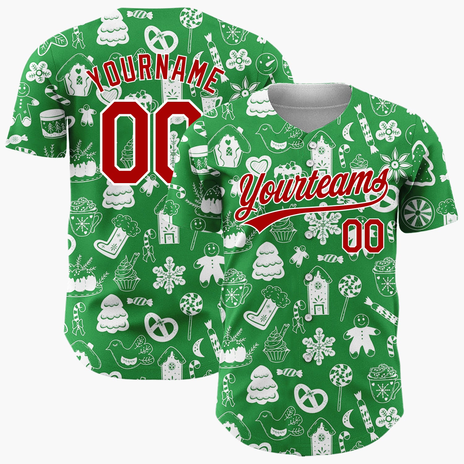 Custom Green White Holiday Treats Icons Doodle Pattern Christmas Baseball Jersey