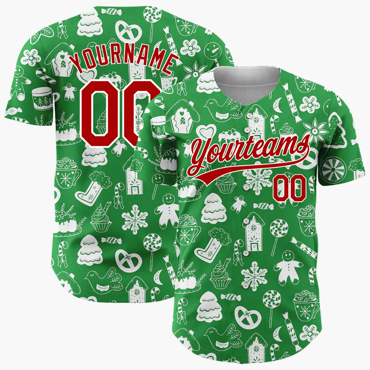 Custom Green White Holiday Treats Icons Doodle Pattern Christmas Baseball Jersey