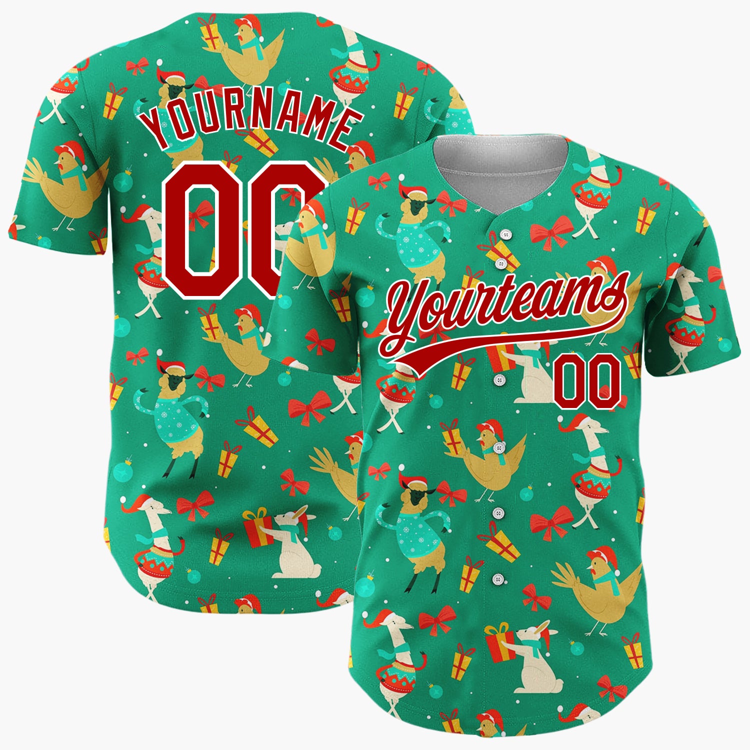 Custom Green Red Llamar Chicken Funny Dancing Animal Christmas Baseball Jersey
