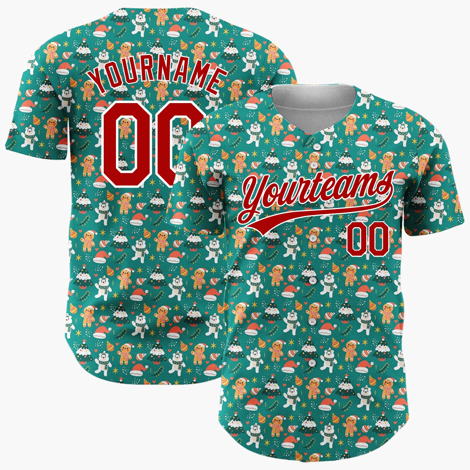 Custom Green Gingerbread Men And Polar Bears Cute Christmas Baseball Jersey