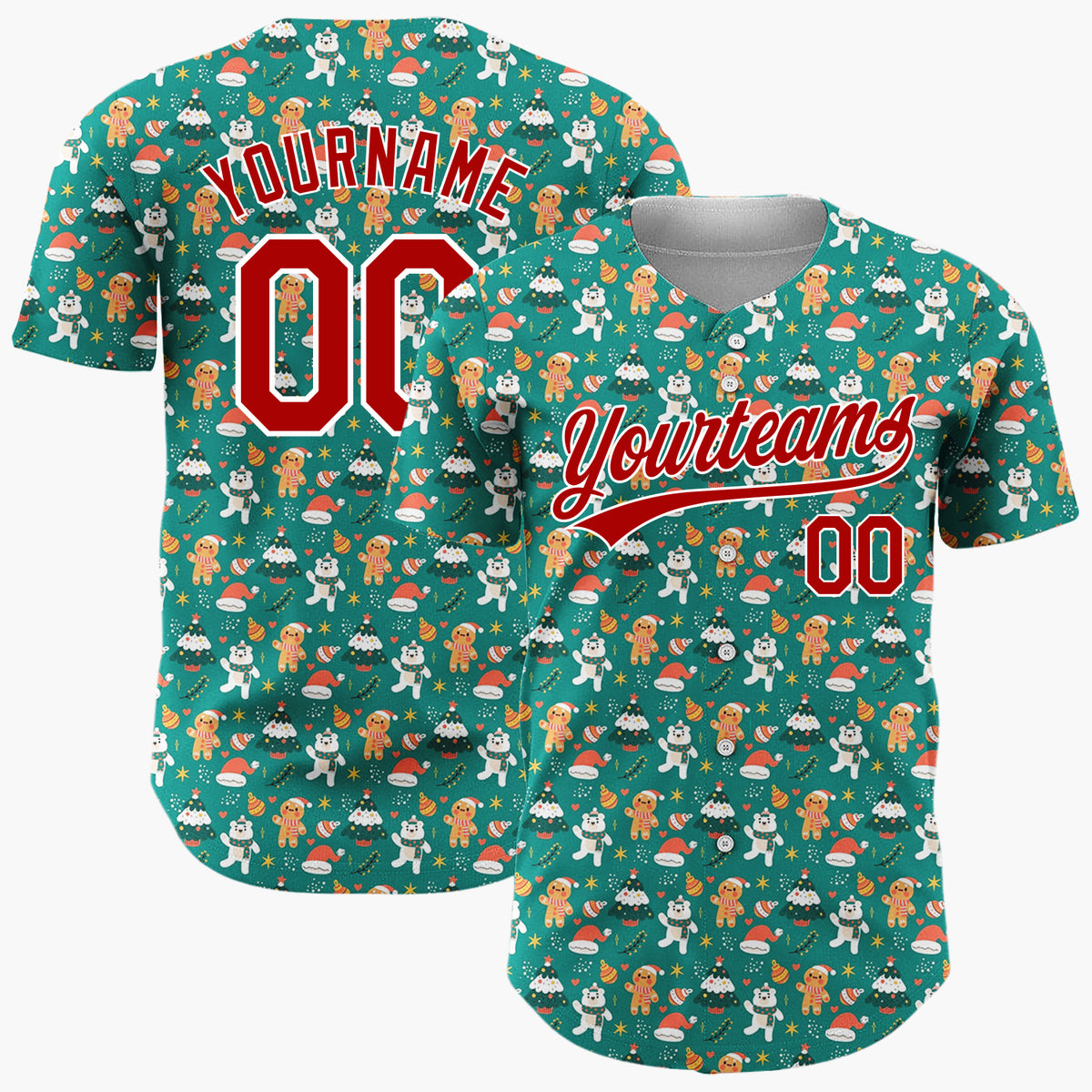 Custom Green Gingerbread Men And Polar Bears Cute Christmas Baseball Jersey