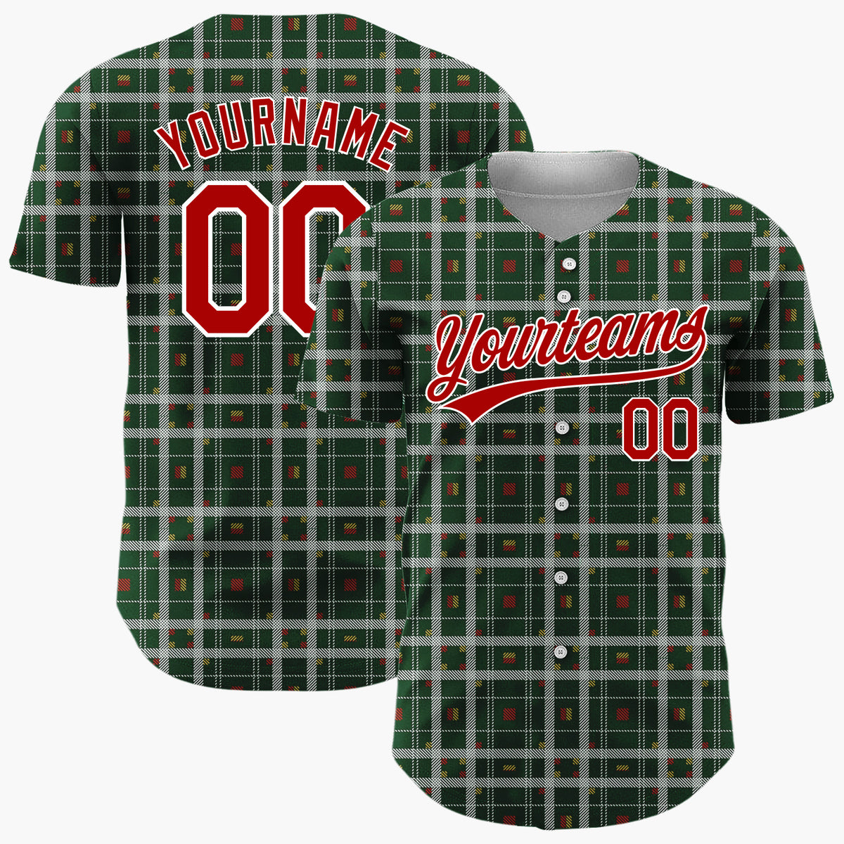 Custom Green Red Yellow Plaid Traditional Tartan Christmas Baseball Jersey