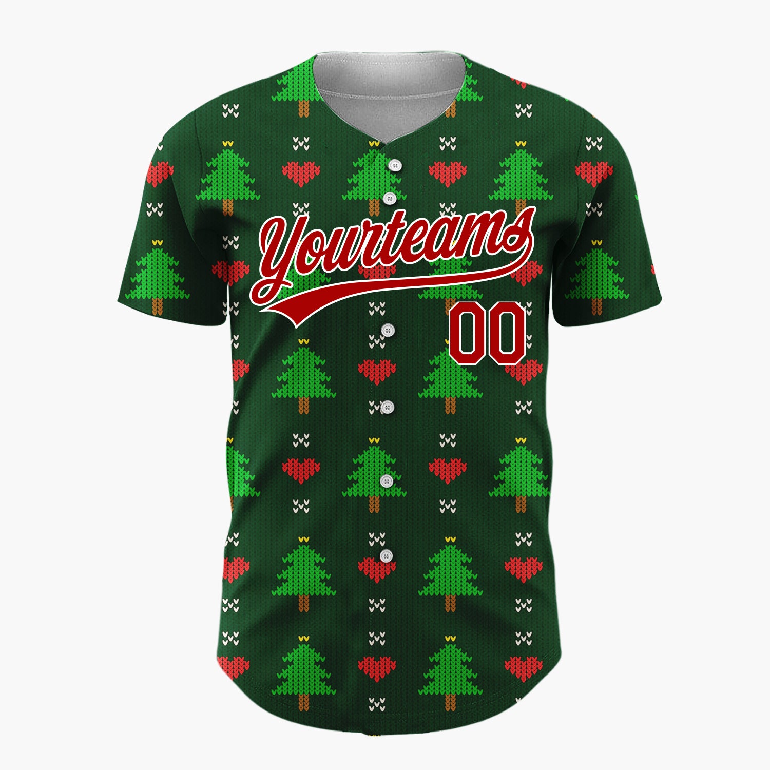 Custom Dark Green Trees Hearts Simple Knitted Pattern Christmas Baseball Jersey