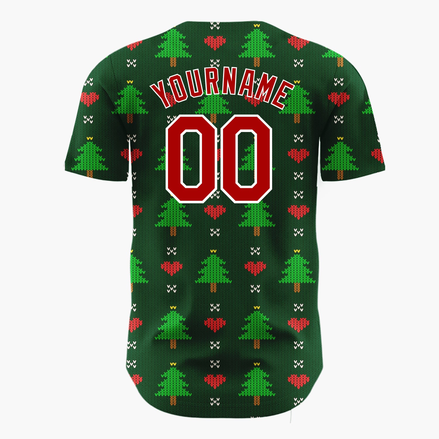 Custom Dark Green Trees Hearts Simple Knitted Pattern Christmas Baseball Jersey
