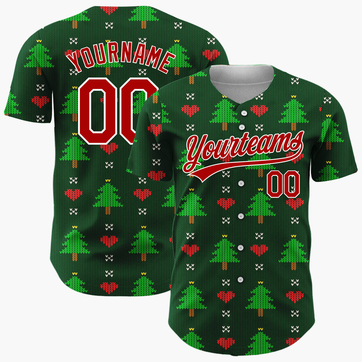 Custom Dark Green Trees Hearts Simple Knitted Pattern Christmas Baseball Jersey