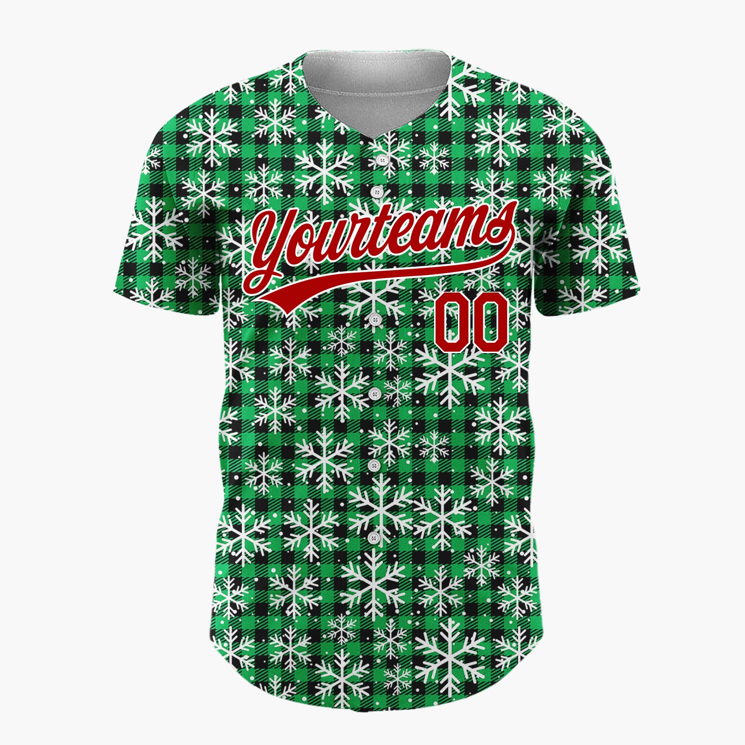 Custom Green Black Snowflakes Buffalo Plaid Pattern Christmas Baseball Jersey