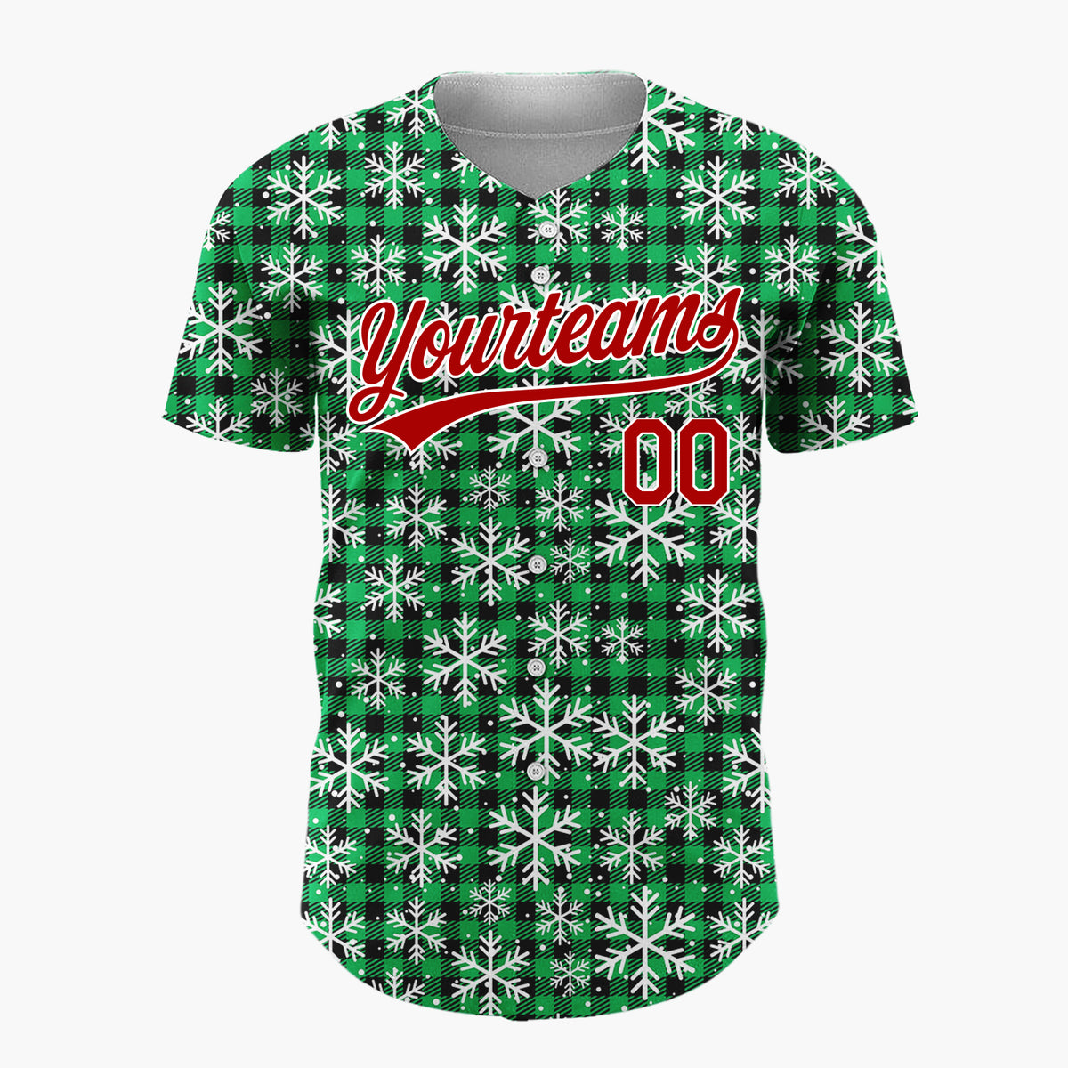 Custom Green Black Snowflakes Buffalo Plaid Pattern Christmas Baseball Jersey