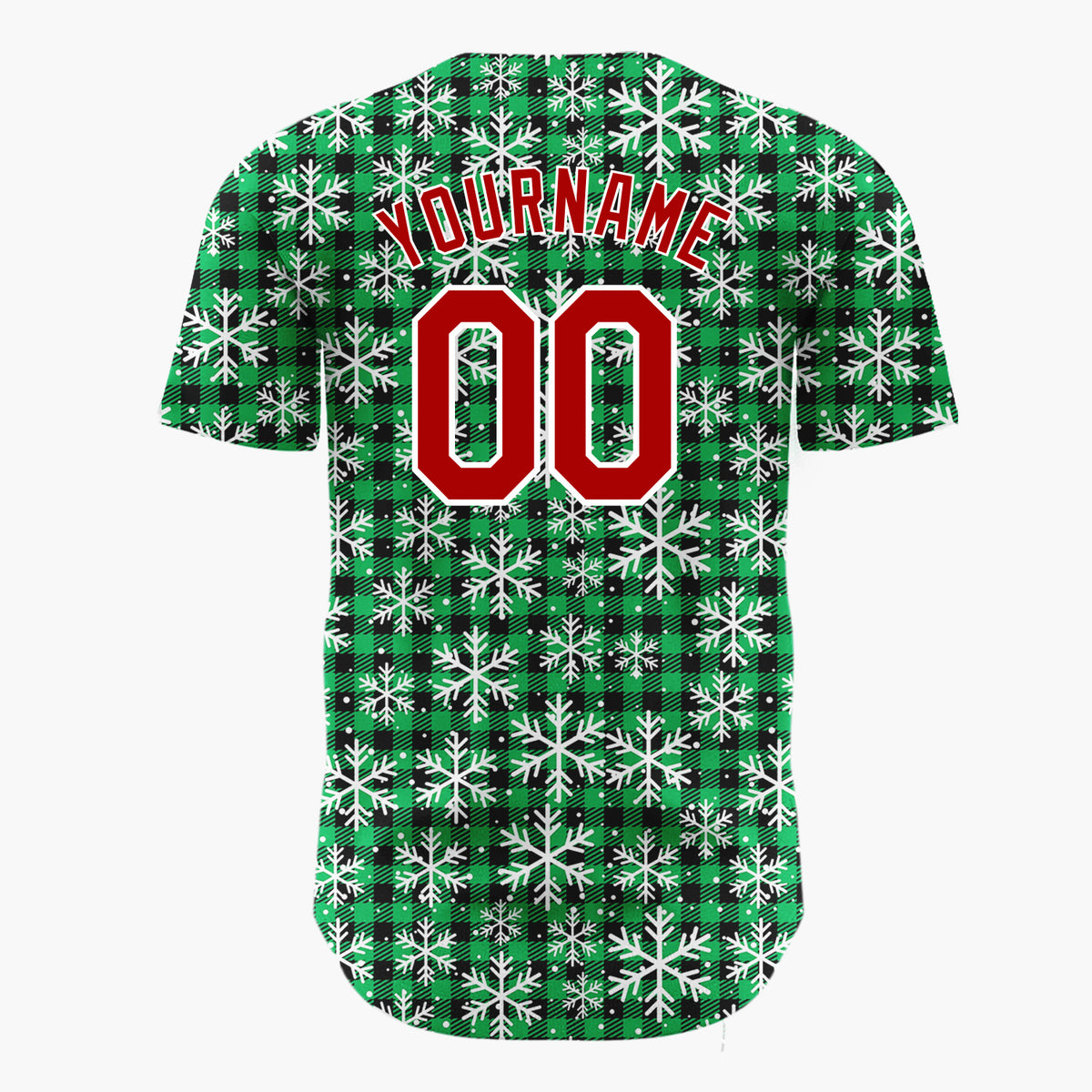 Custom Green Black Snowflakes Buffalo Plaid Pattern Christmas Baseball Jersey
