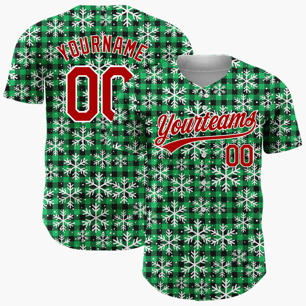 Custom Green Black Snowflakes Buffalo Plaid Pattern Christmas Baseball Jersey