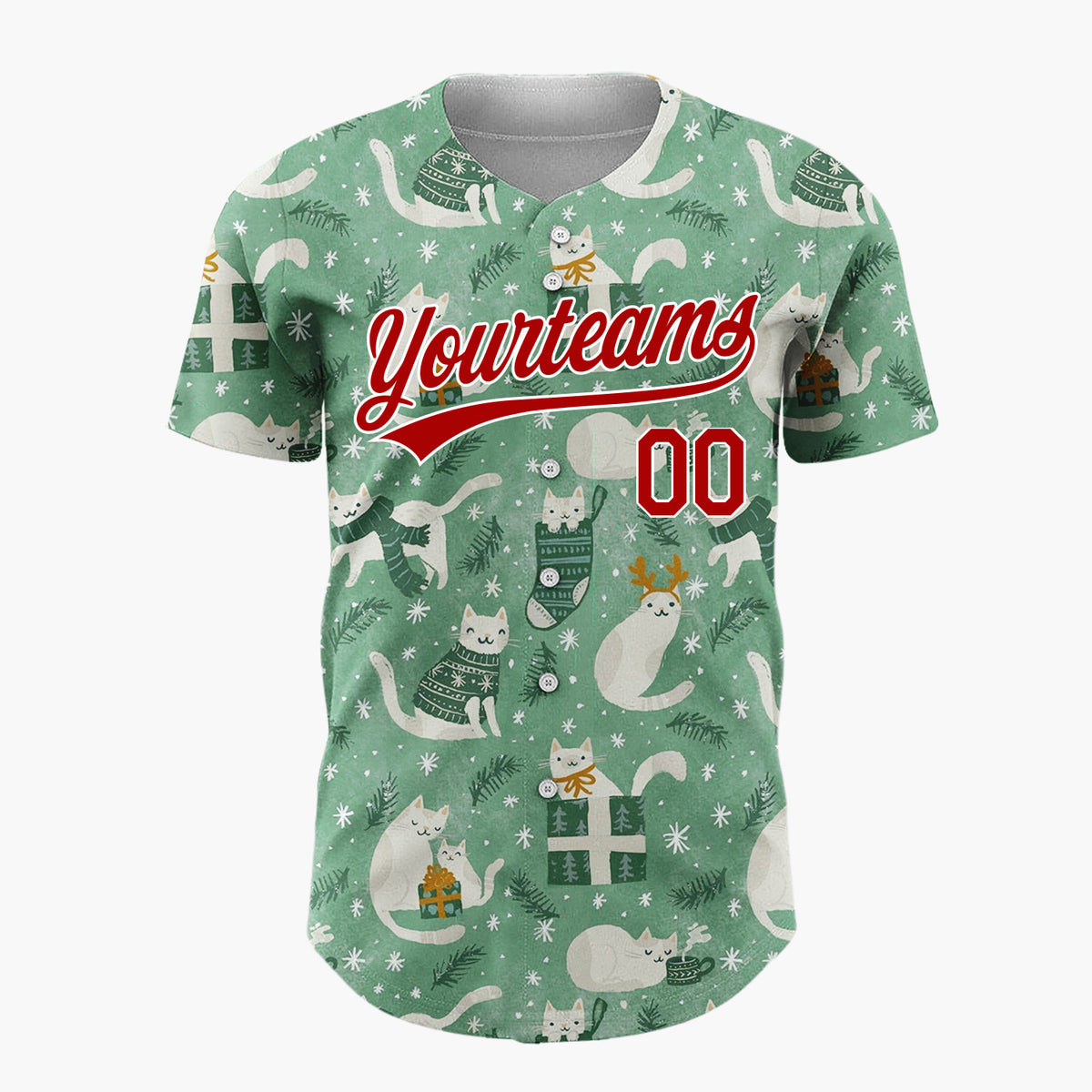 Custom Green Cats Christmas Whimsical Cartoon Pattern Christmas Baseball Jersey