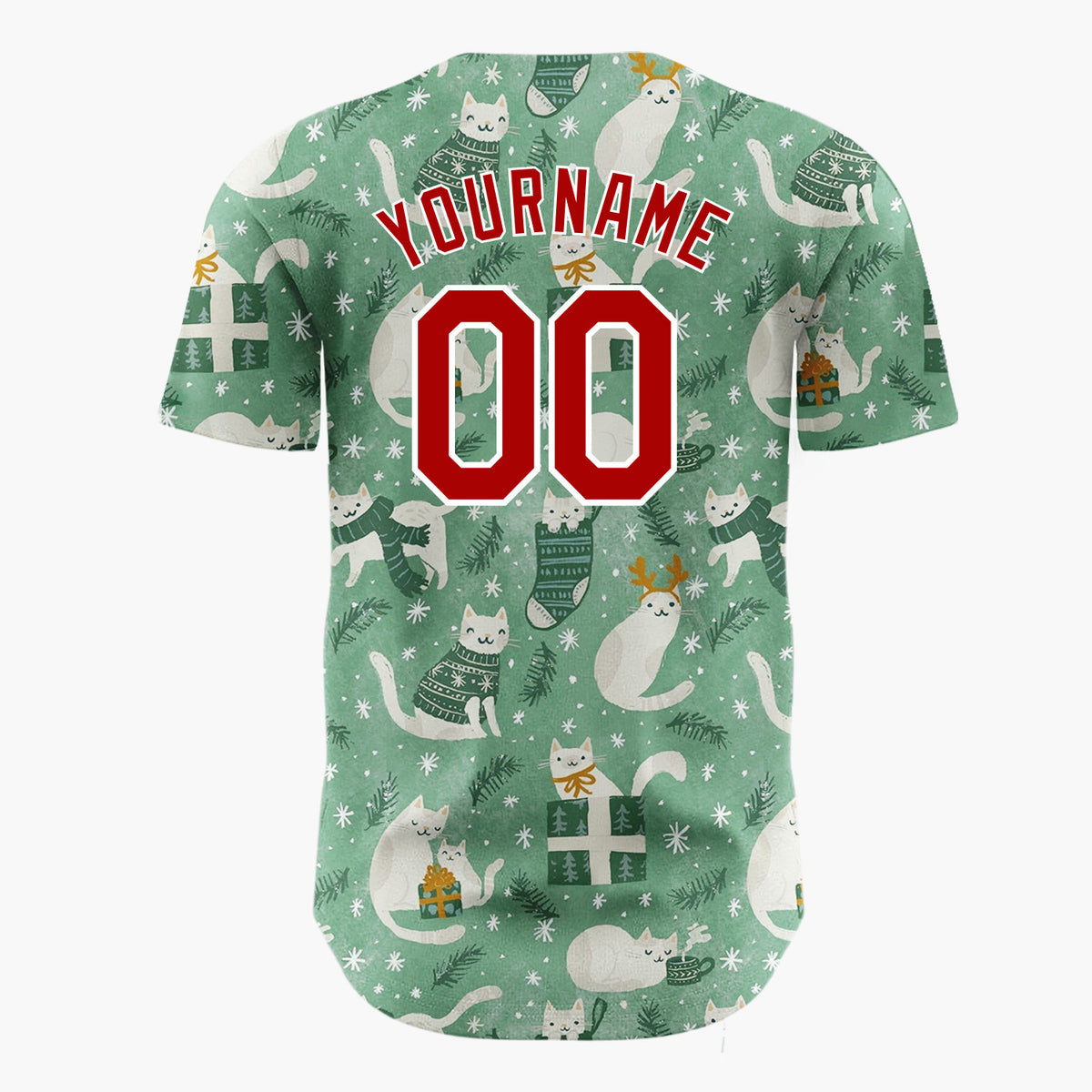 Custom Green Cats Christmas Whimsical Cartoon Pattern Christmas Baseball Jersey