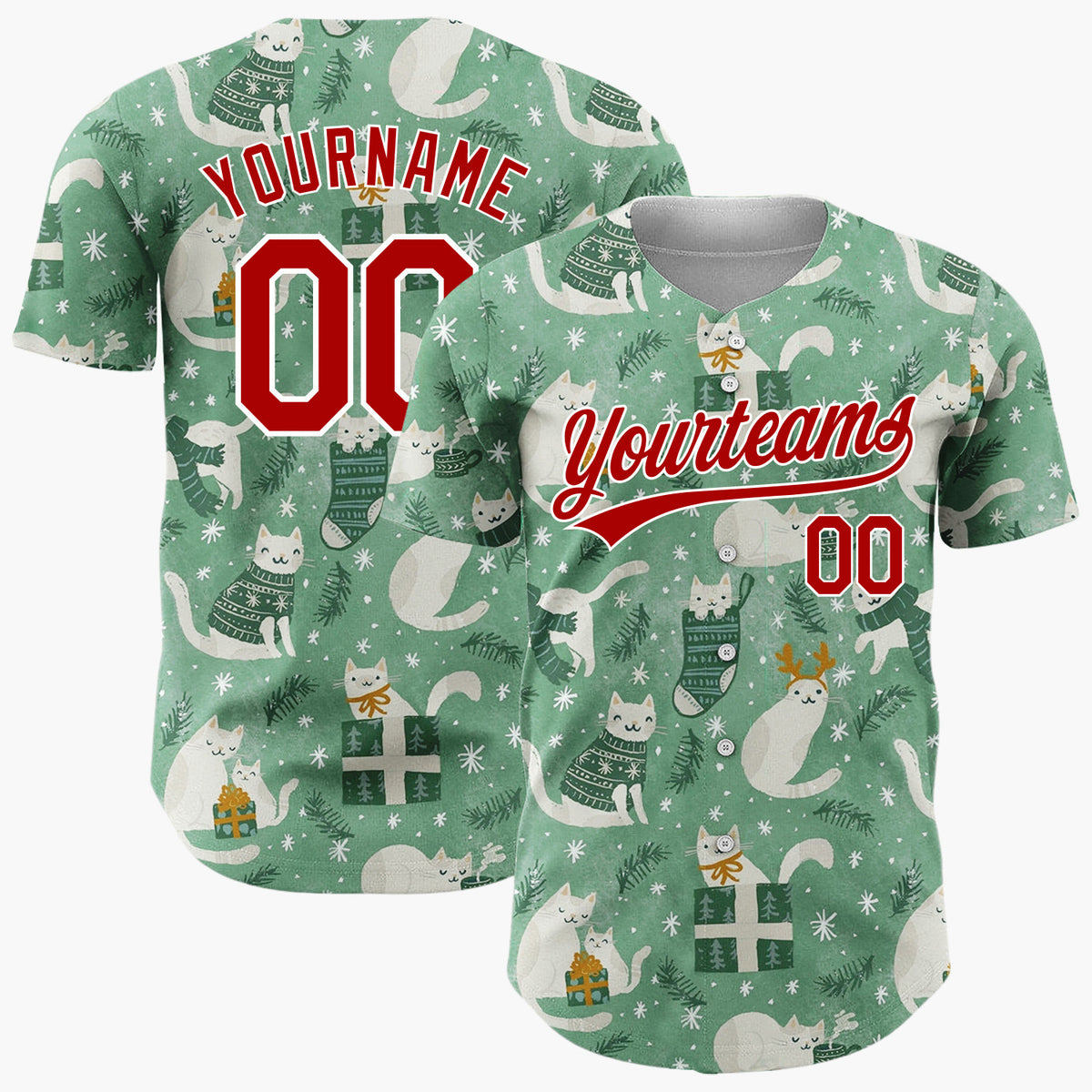 Custom Green Cats Christmas Whimsical Cartoon Pattern Christmas Baseball Jersey
