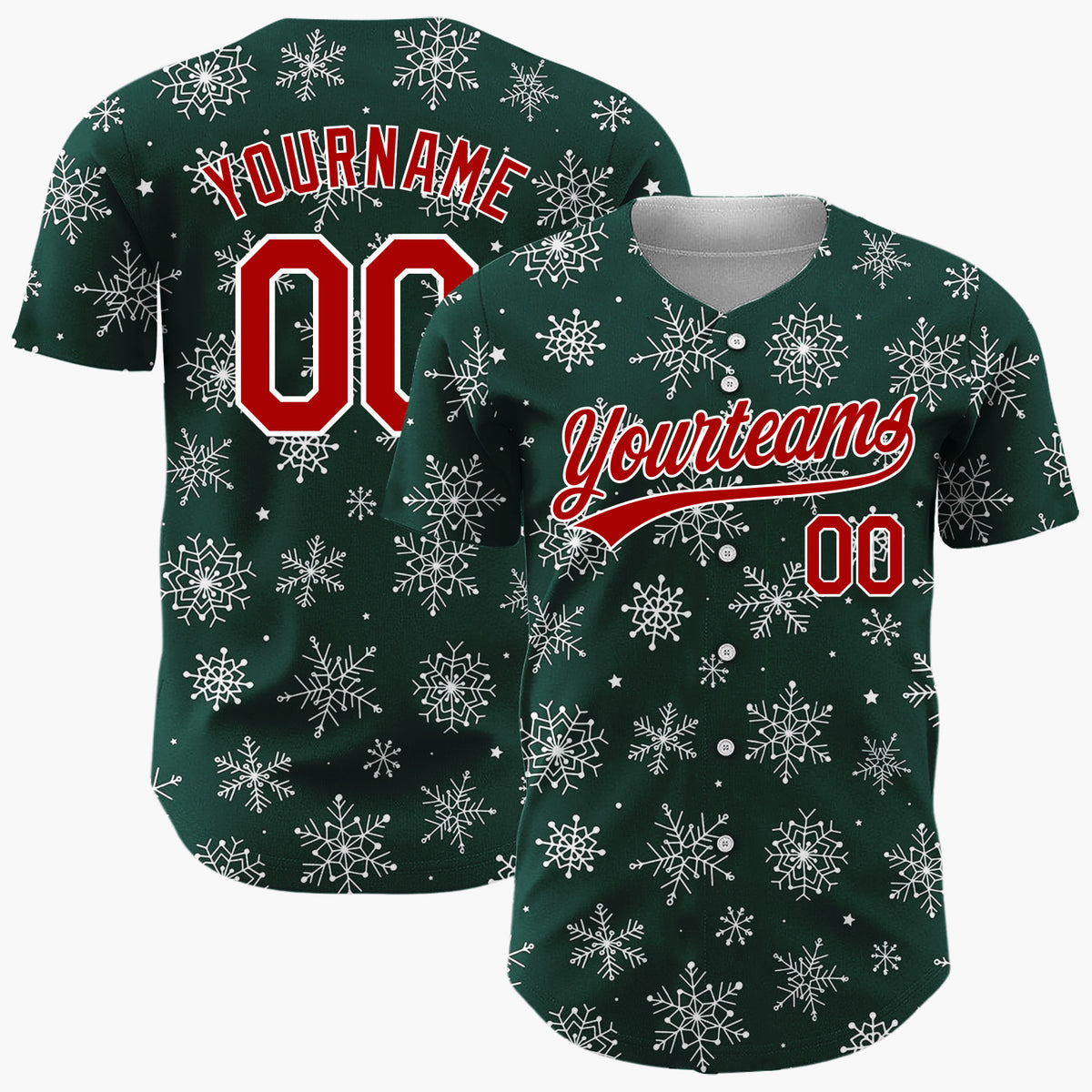 Custom Dark Green Snowflake Star Line Art Pattern Christmas Baseball Jersey