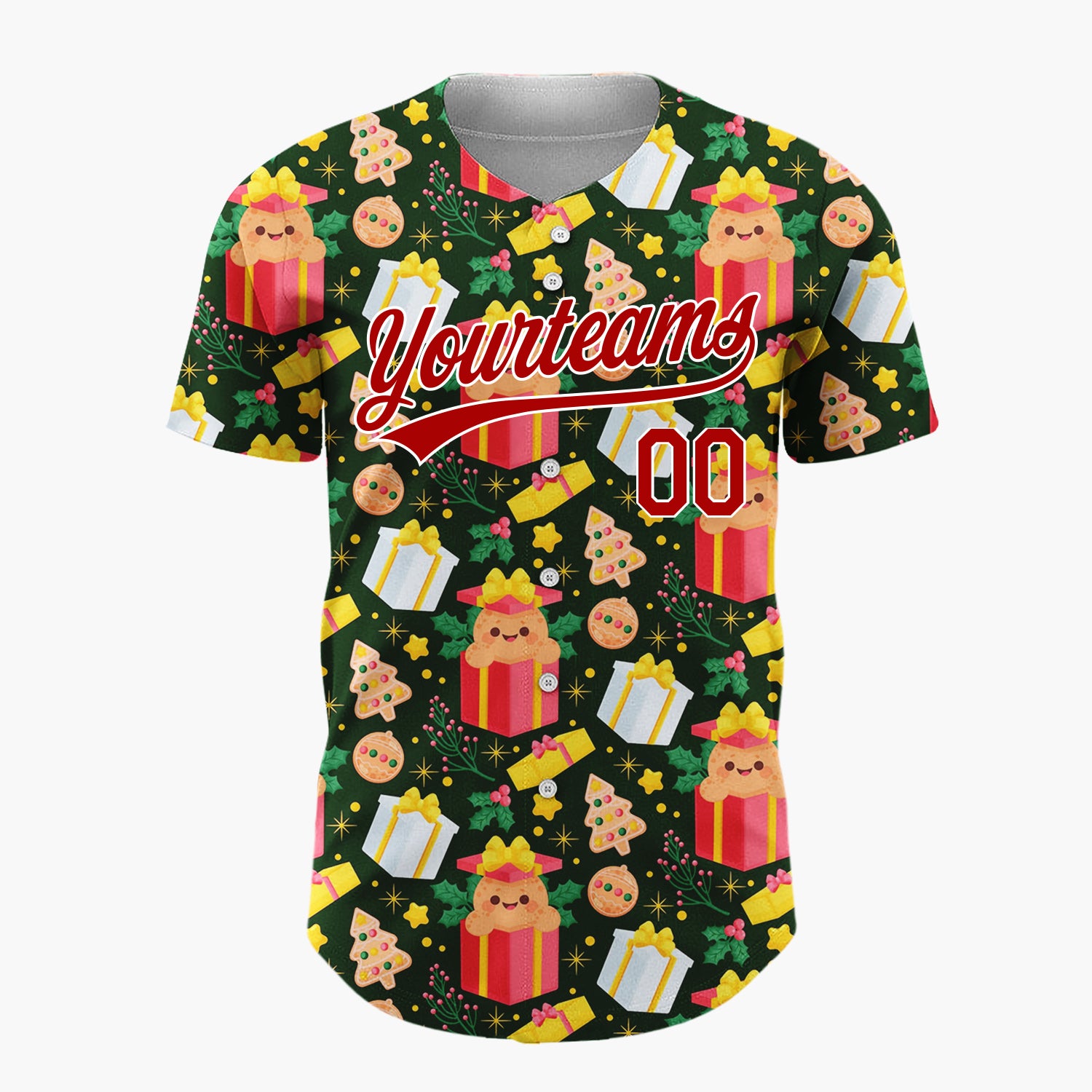 Custom Dark Green Red Puppies Gifts And Cookies Cute Christmas Baseball Jersey
