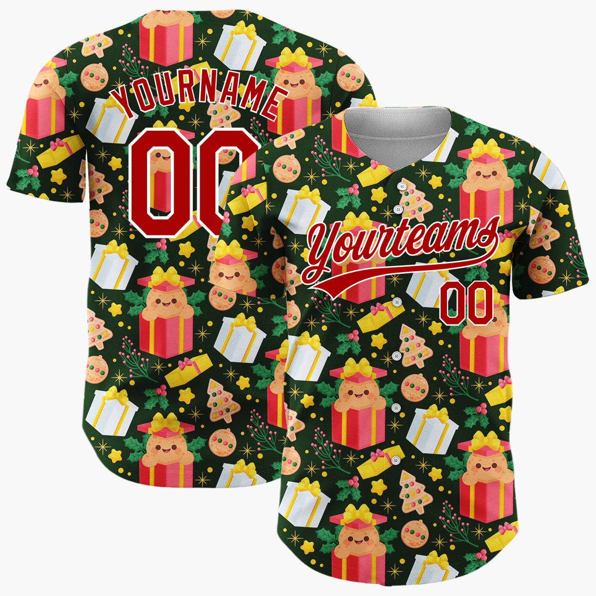 Custom Dark Green Red Puppies Gifts And Cookies Cute Christmas Baseball Jersey