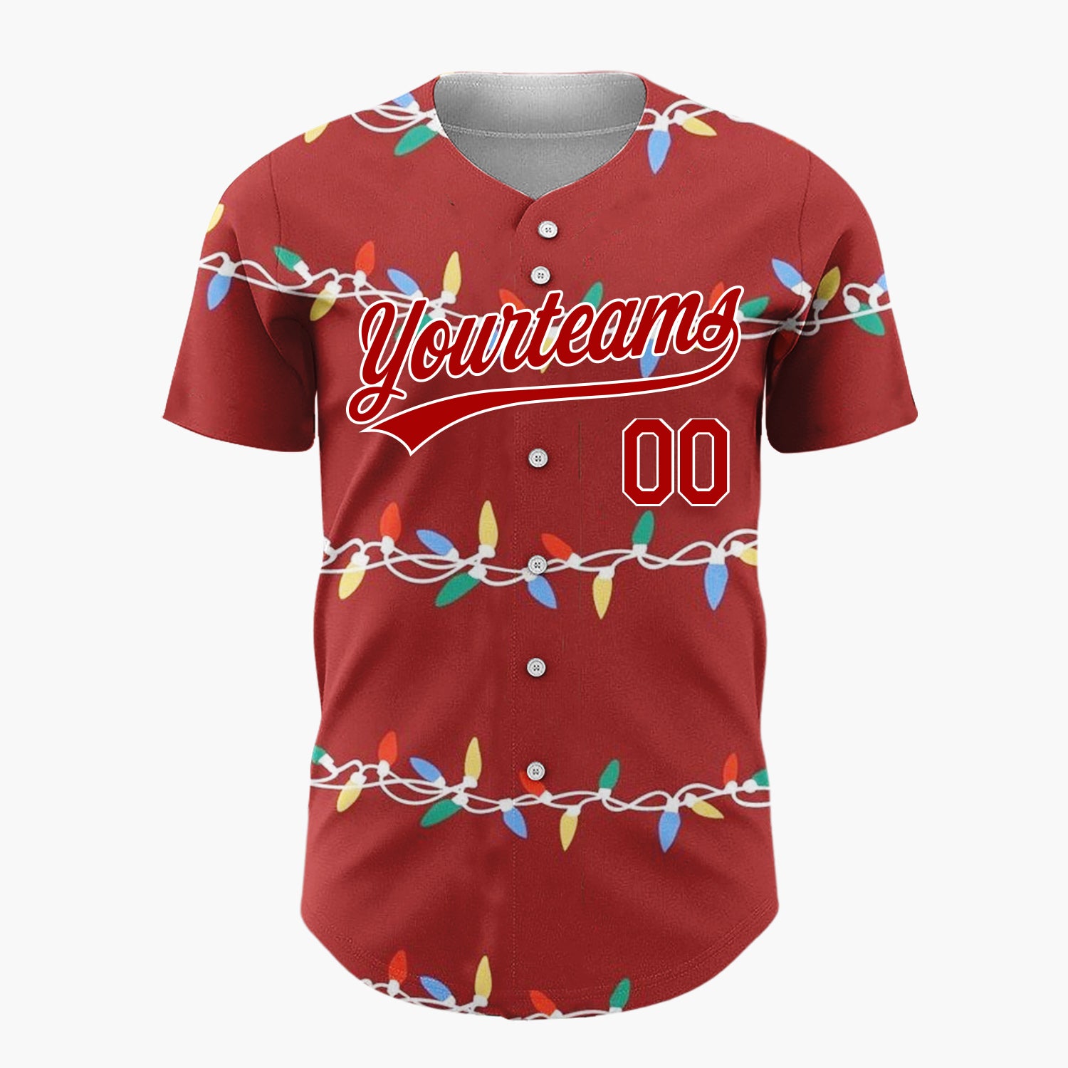 Custom Dark Red Christmas Lights Colorful Cartoon Pattern Christmas Baseball Jersey