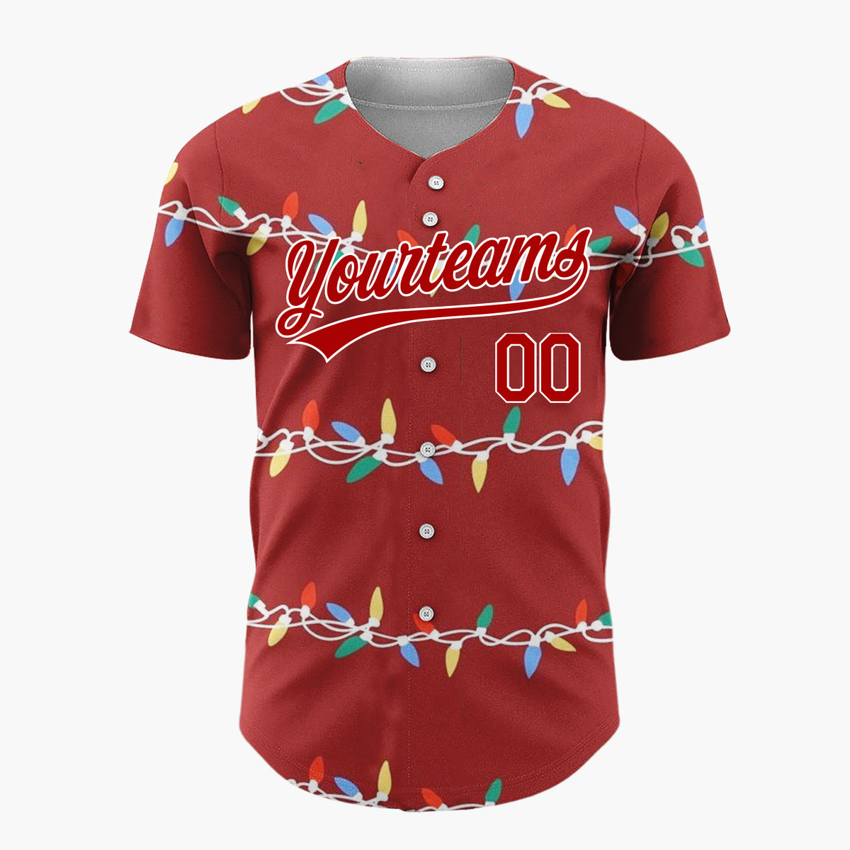 Custom Dark Red Christmas Lights Colorful Cartoon Pattern Christmas Baseball Jersey
