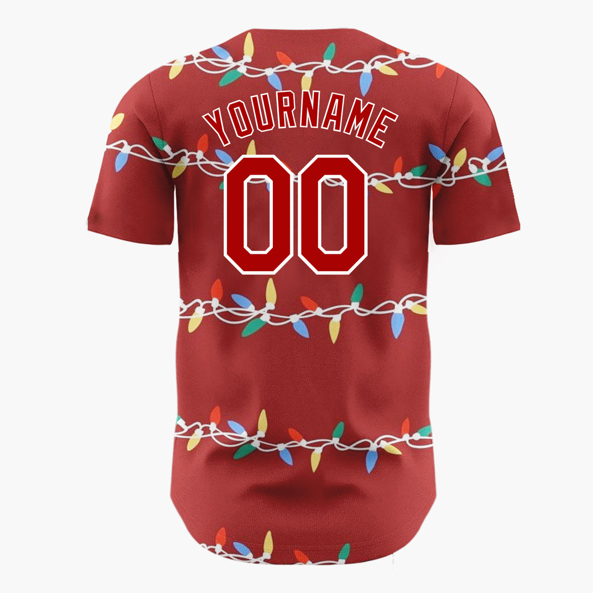 Custom Dark Red Christmas Lights Colorful Cartoon Pattern Christmas Baseball Jersey