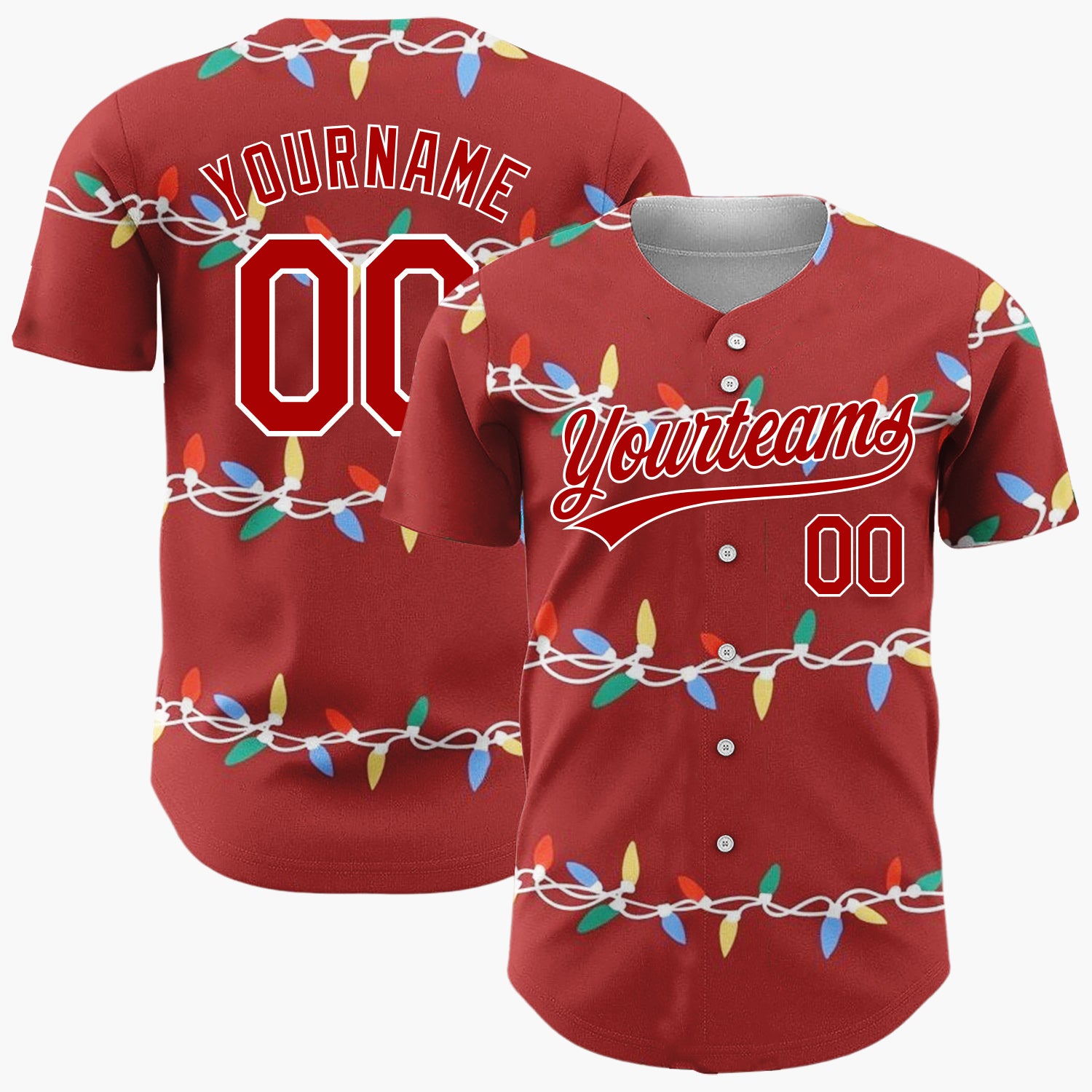 Custom Dark Red Christmas Lights Colorful Cartoon Pattern Christmas Baseball Jersey