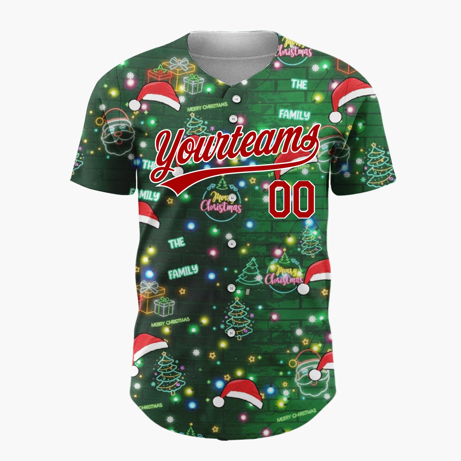 Custom Dark Green Red Neon Santa Hats Trees And Gifts Light-Up Christmas Baseball Jersey