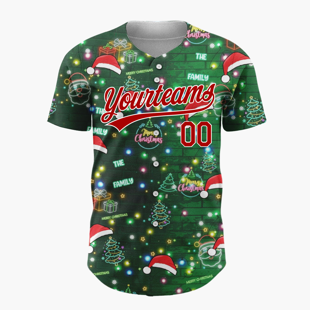 Custom Dark Green Red Neon Santa Hats Trees And Gifts Light-Up Christmas Baseball Jersey