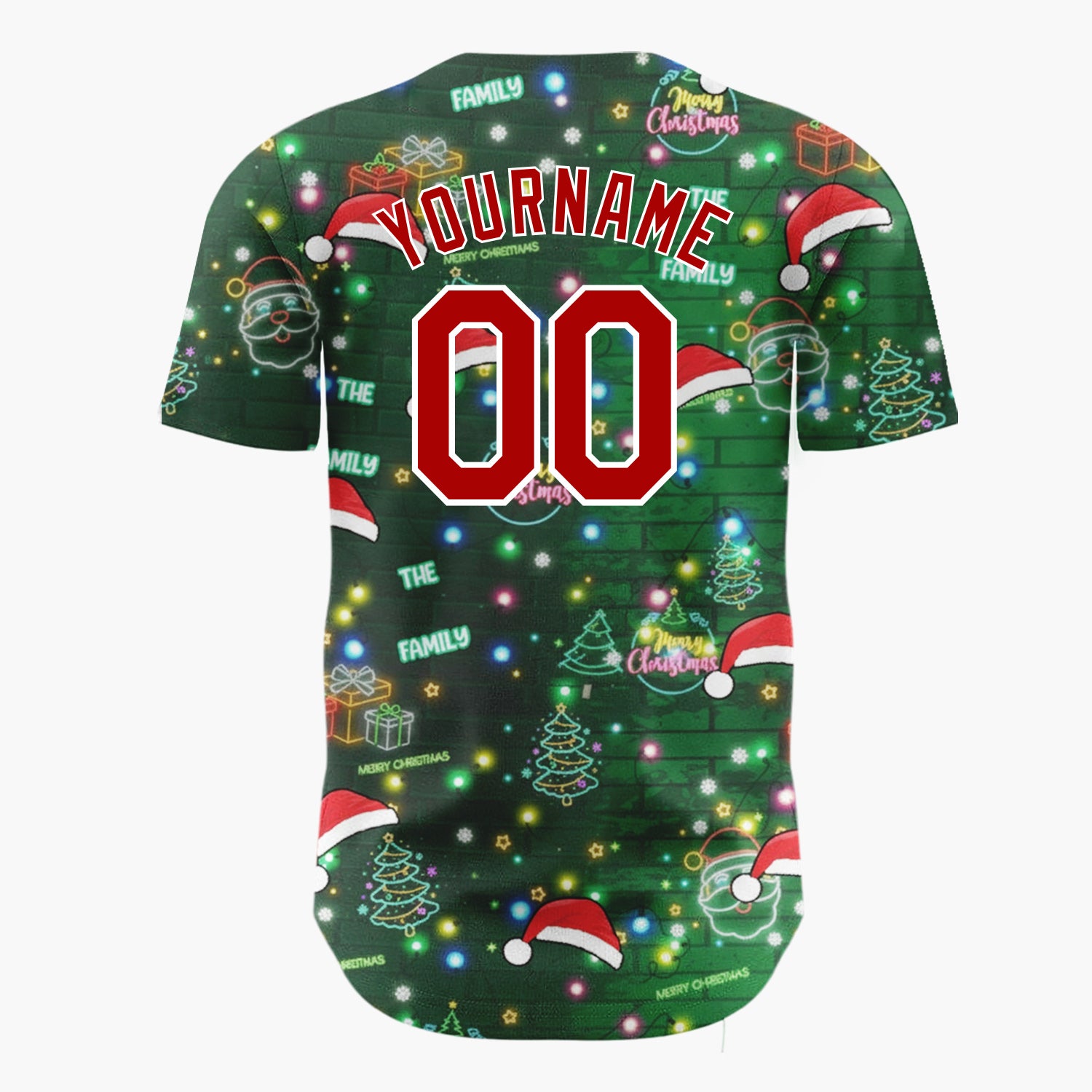 Custom Dark Green Red Neon Santa Hats Trees And Gifts Light-Up Christmas Baseball Jersey