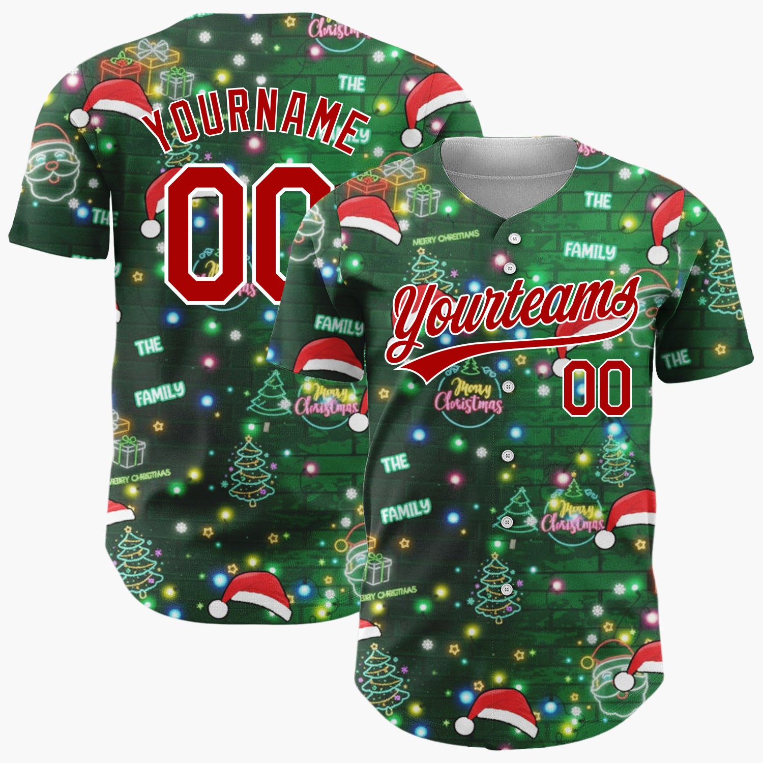 Custom Dark Green Red Neon Santa Hats Trees And Gifts Light-Up Christmas Baseball Jersey