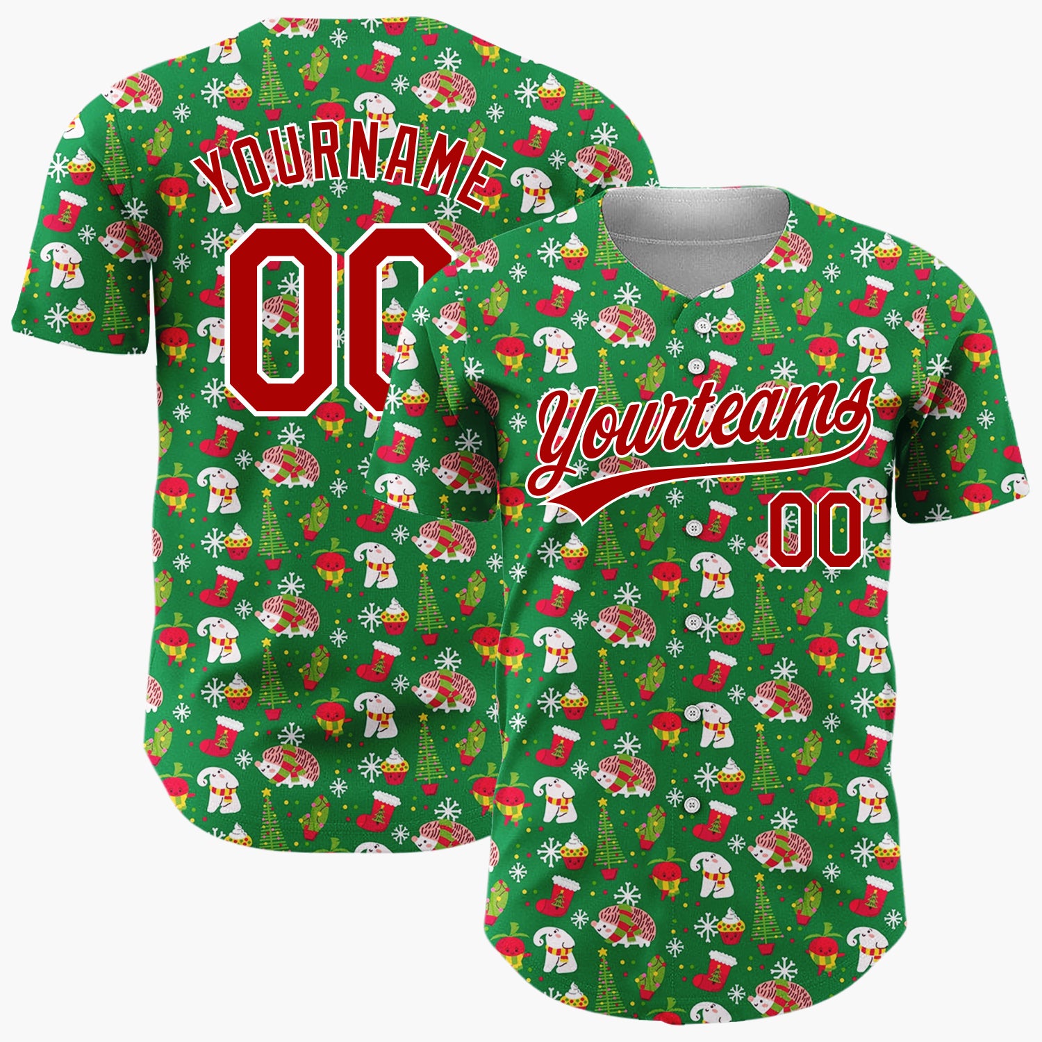 Custom Green Holly Berries Christmas Sprigs Cartoon Pattern Christmas Baseball Jersey