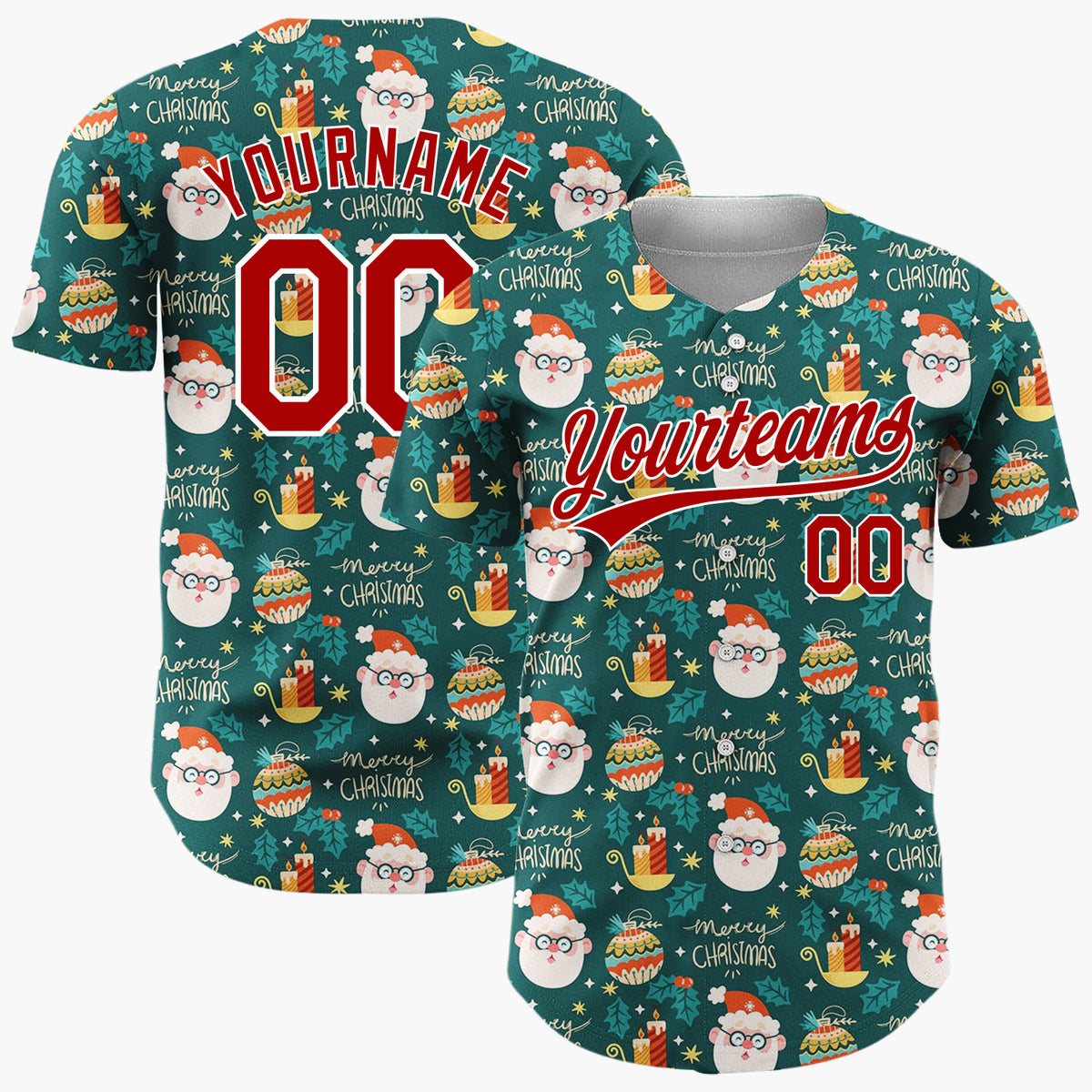 Custom Dark Green Santa Snowman Merry Christmas Cartoon Pattern Christmas Baseball Jersey