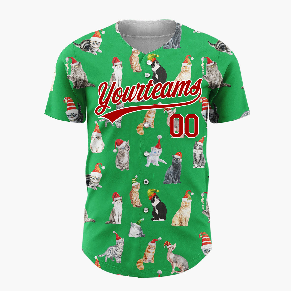 Custom Green Watercolor Cats In Santa Hats Whimsical Christmas Baseball Jersey