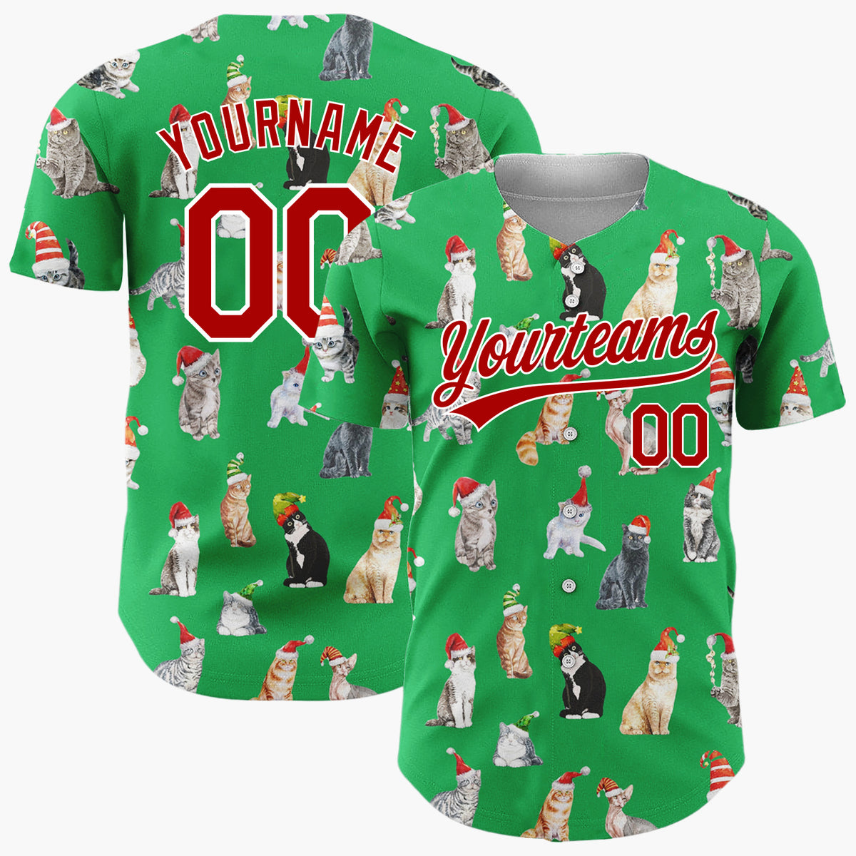 Custom Green Watercolor Cats In Santa Hats Whimsical Christmas Baseball Jersey
