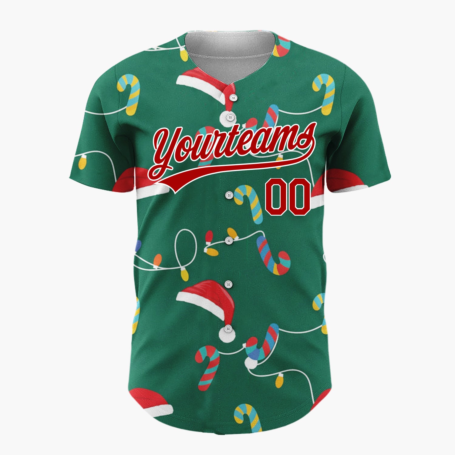 Custom Green Red Yellow Candy Canes Santa Hats And Lights Merry Christmas Baseball Jersey