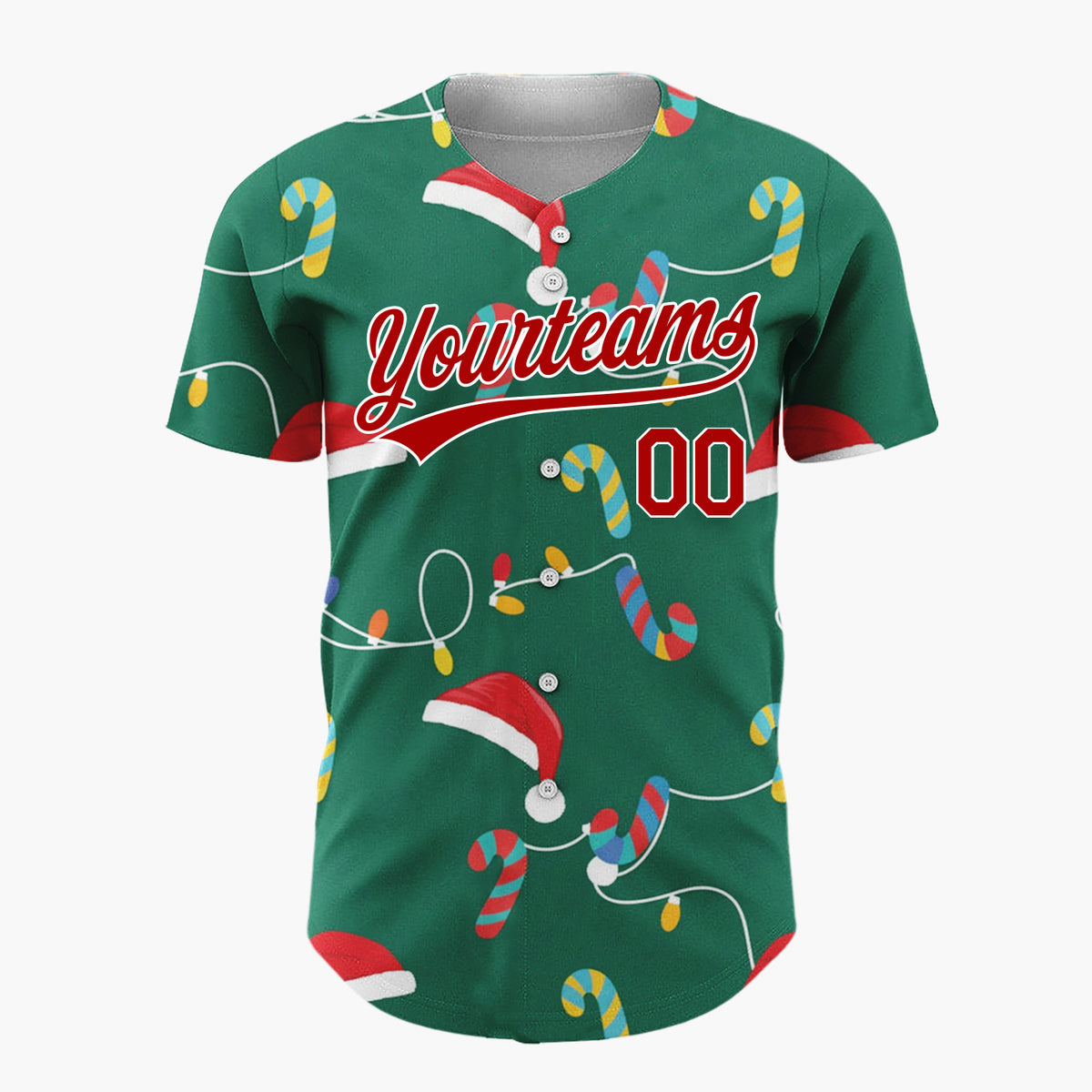 Custom Green Red Yellow Candy Canes Santa Hats And Lights Merry Christmas Baseball Jersey