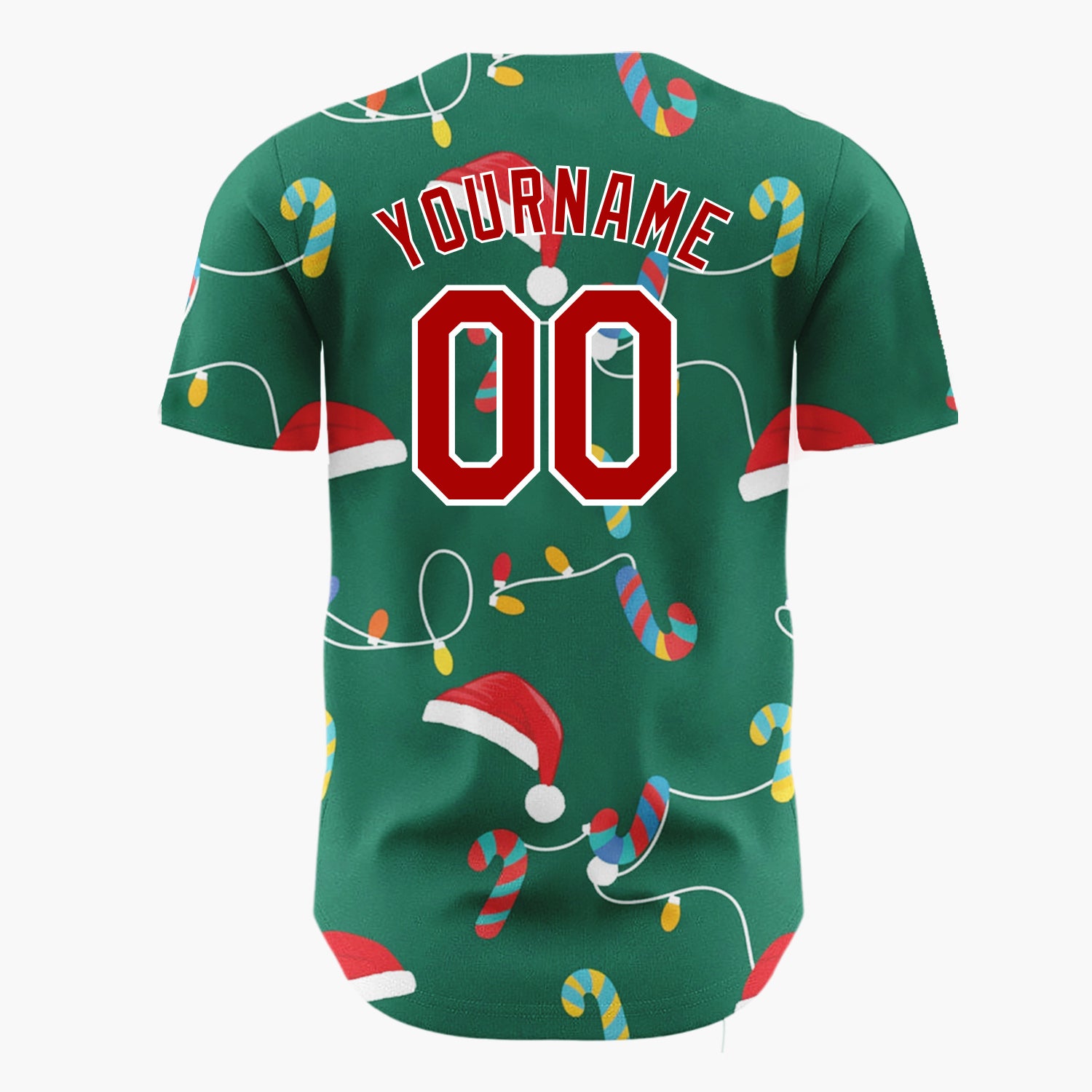 Custom Green Red Yellow Candy Canes Santa Hats And Lights Merry Christmas Baseball Jersey